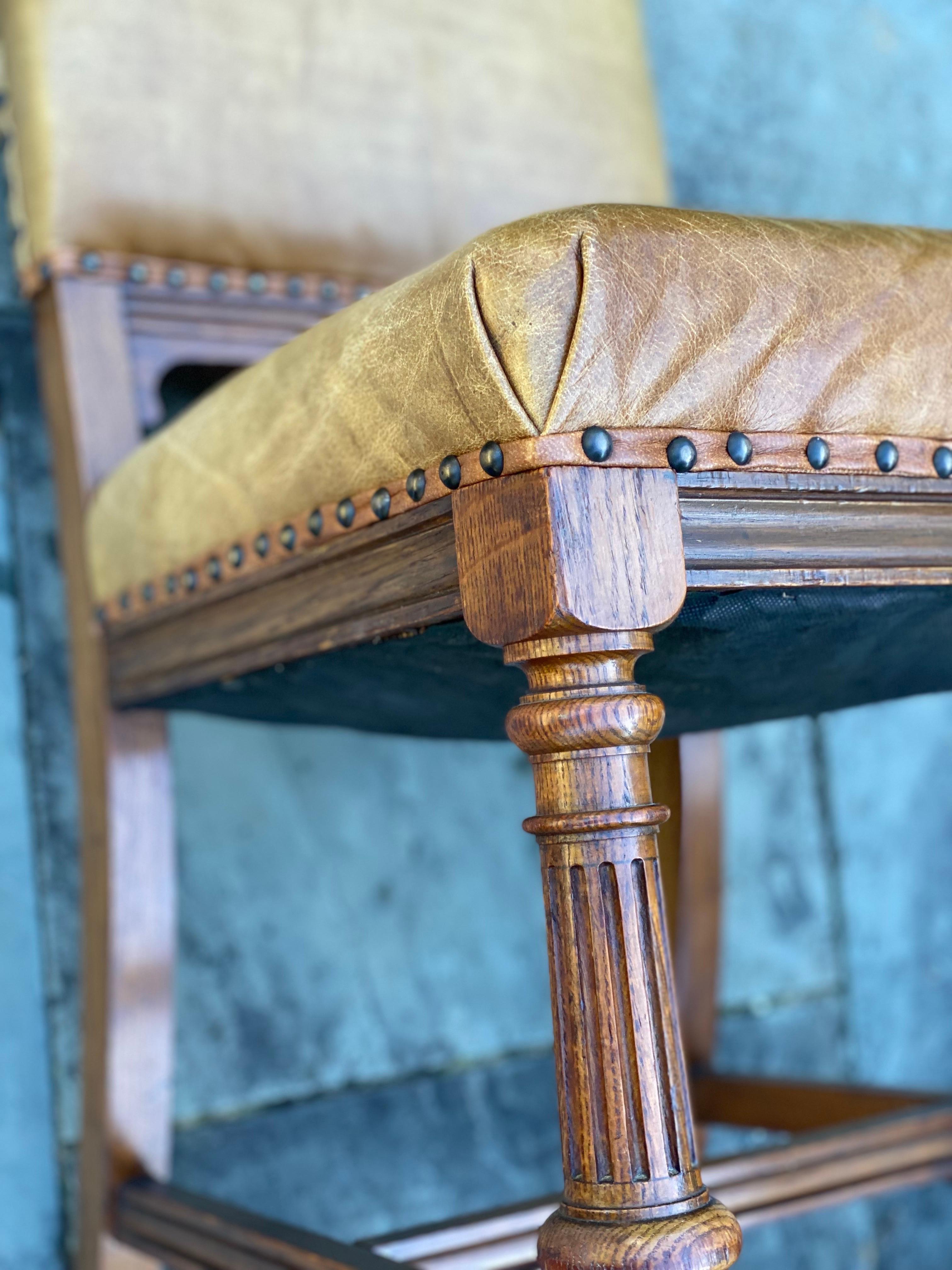 Set of Six Oak Dining Chairs with Leather Upholstery & Nailheads For Sale 6