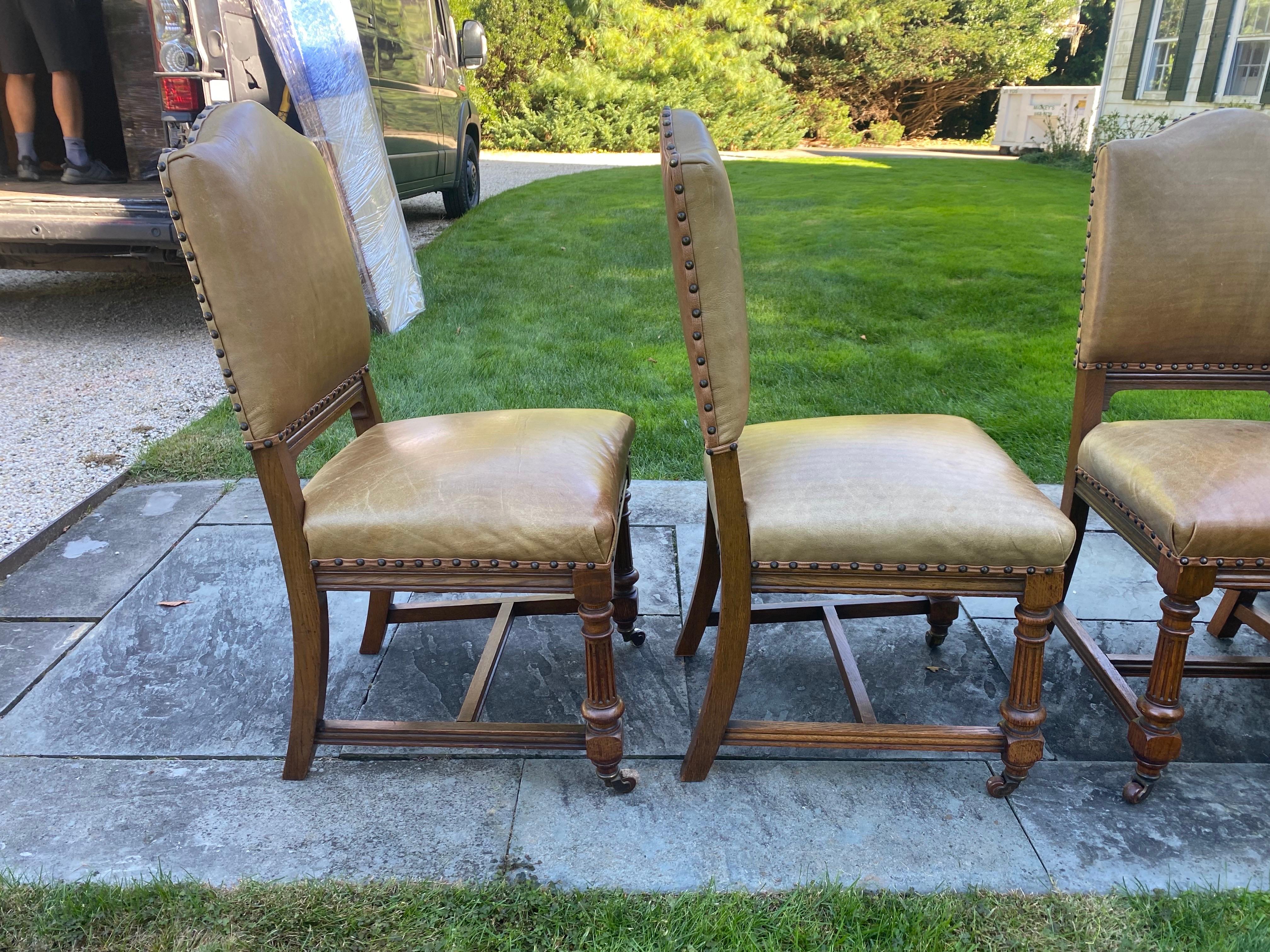 Unknown Set of Six Oak Dining Chairs with Leather Upholstery & Nailheads For Sale