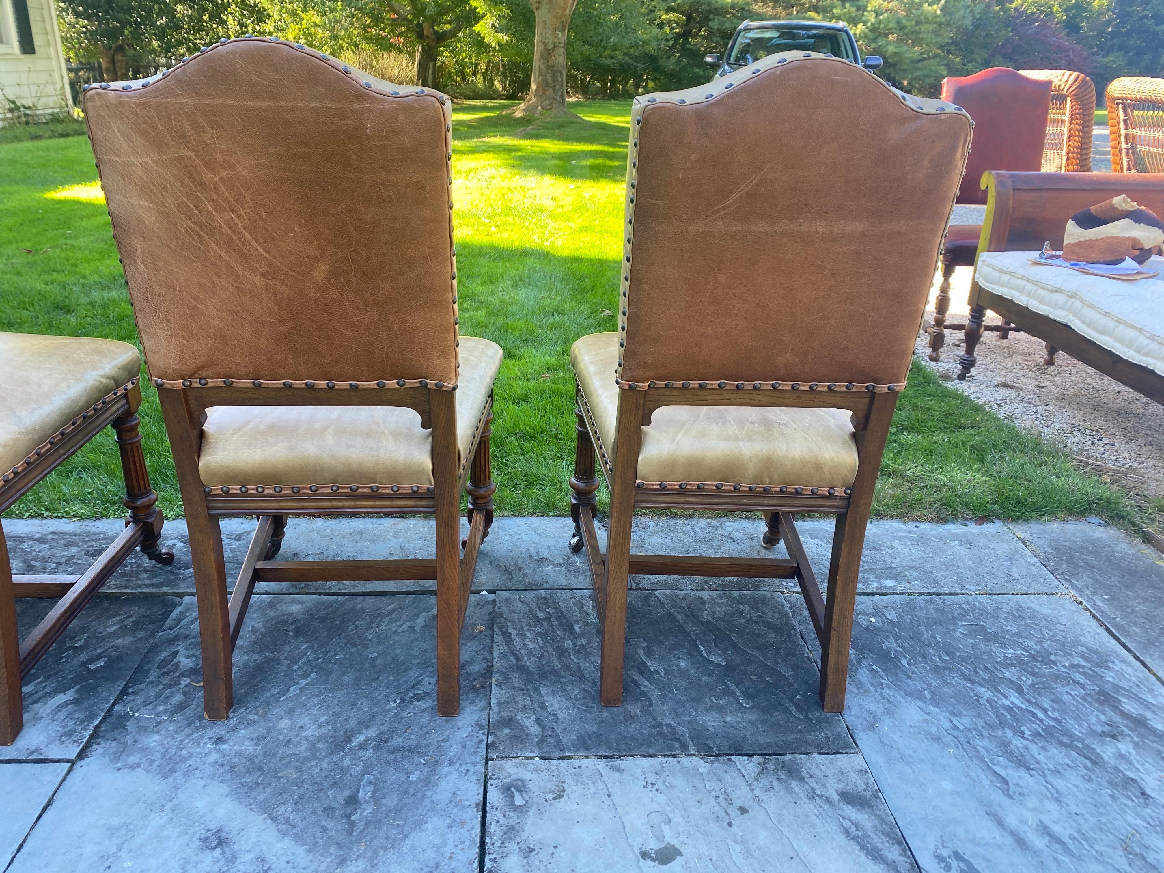 20th Century Set of Six Oak Dining Chairs with Leather Upholstery & Nailheads For Sale
