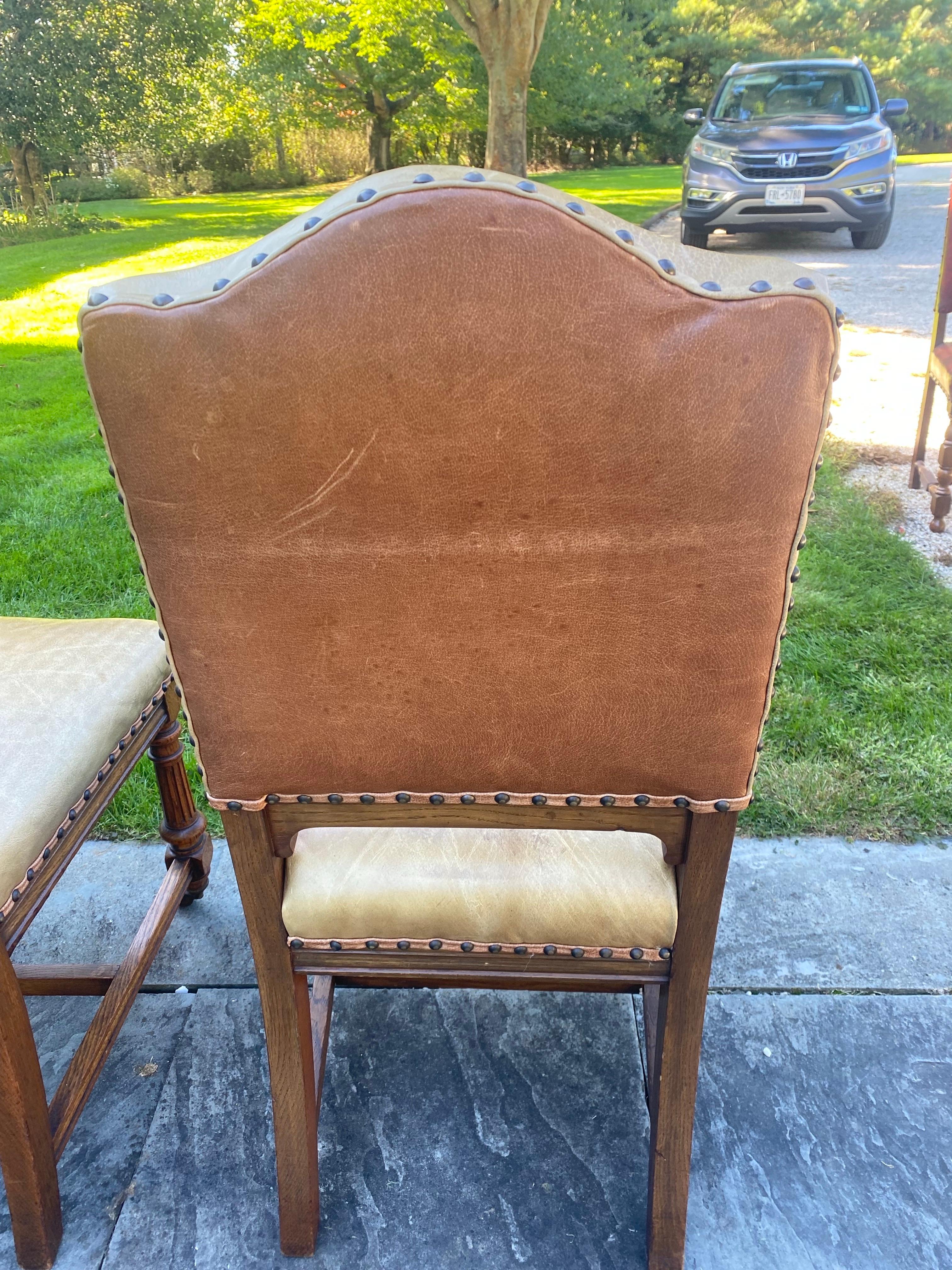 Set of Six Oak Dining Chairs with Leather Upholstery & Nailheads For Sale 1