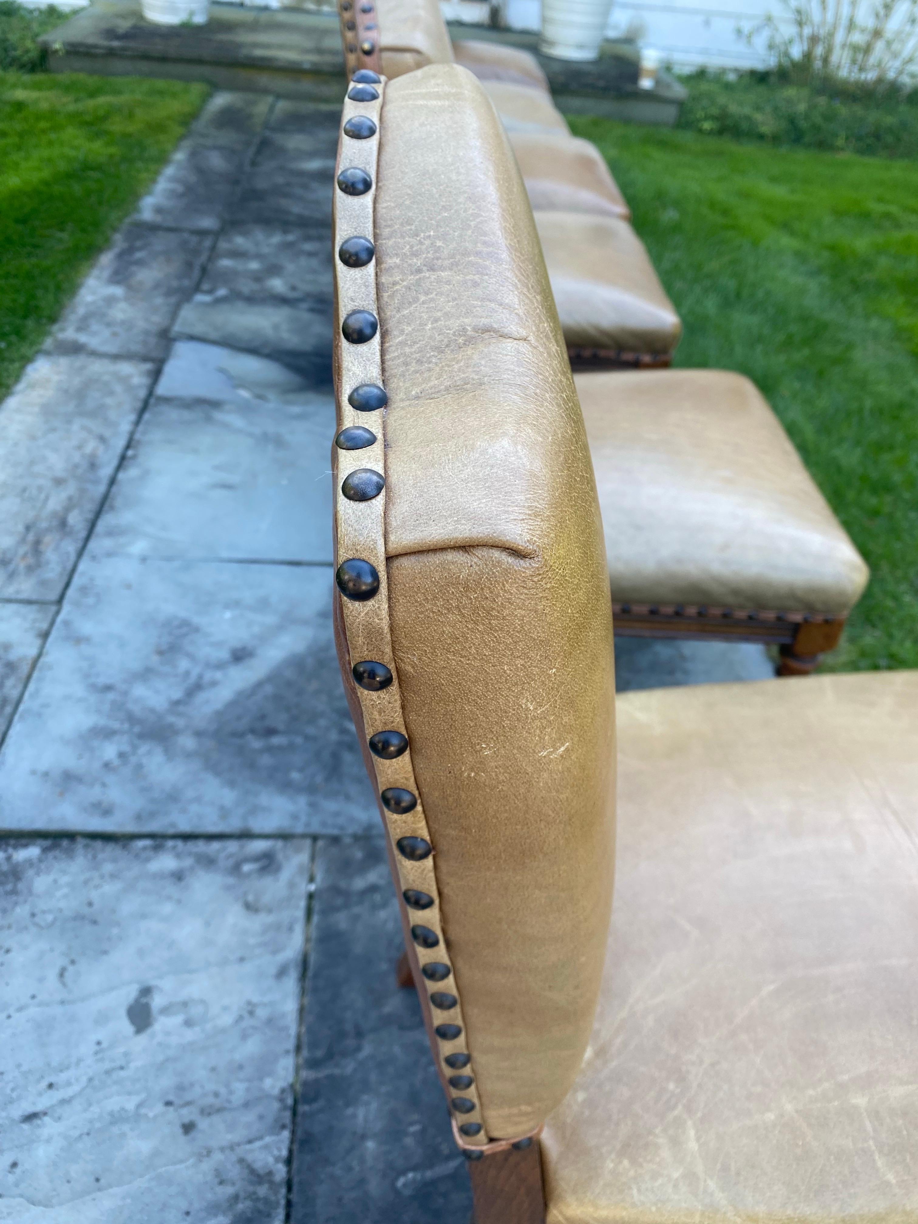 Set of Six Oak Dining Chairs with Leather Upholstery & Nailheads For Sale 2