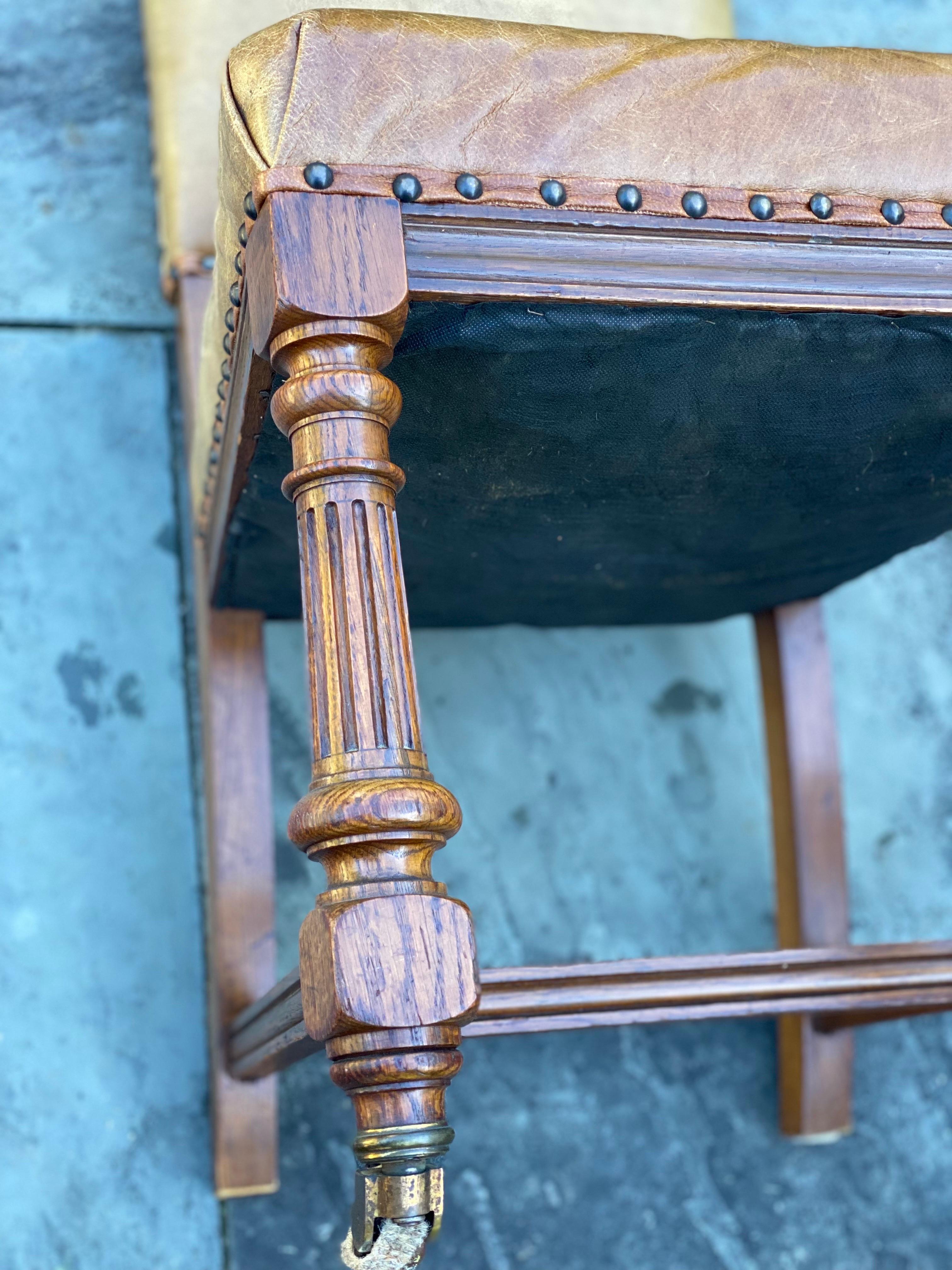 Set of Six Oak Dining Chairs with Leather Upholstery & Nailheads For Sale 4