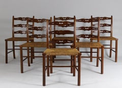 Set of Six Oak Dining Chairs, Woven Rush Seat, circa 1900