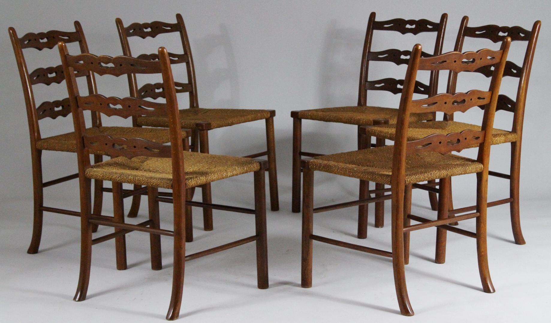 Country Set of Six Oak Dining Chairs, Woven Rush Seat, circa 1900 For Sale