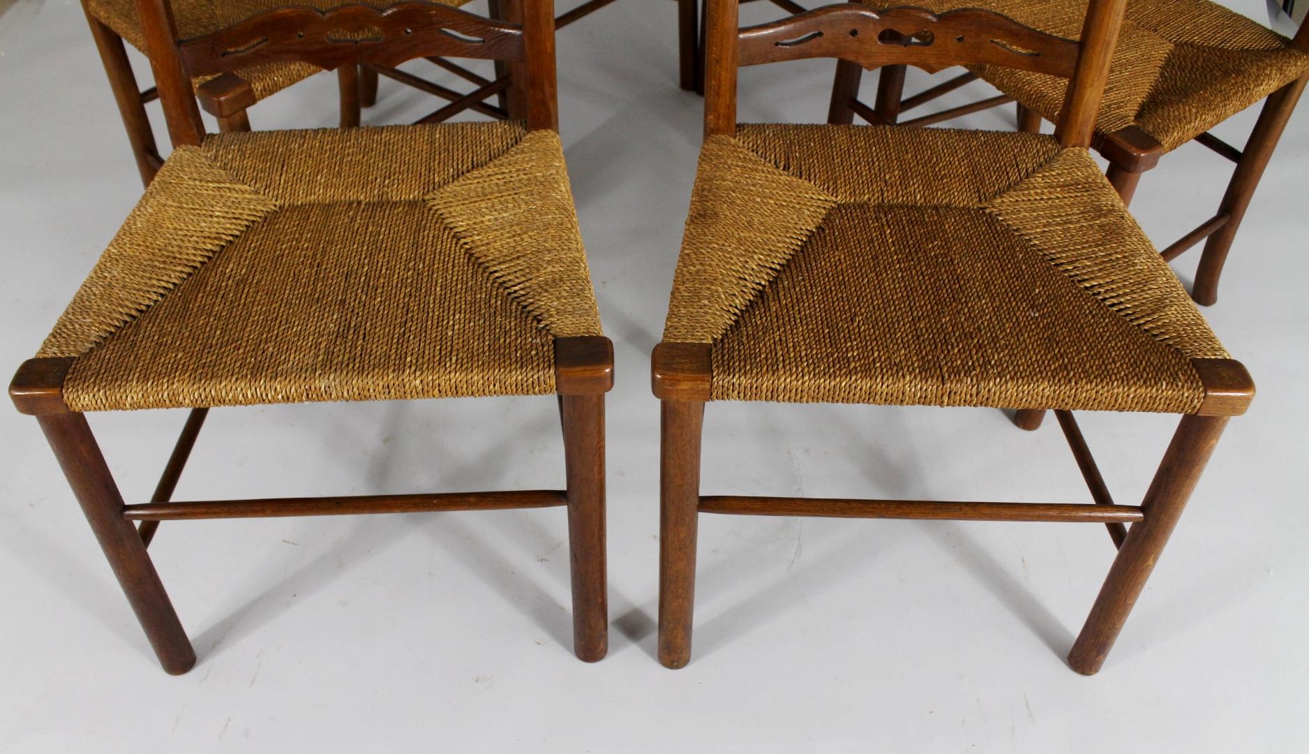 Czech Set of Six Oak Dining Chairs, Woven Rush Seat, circa 1900 For Sale
