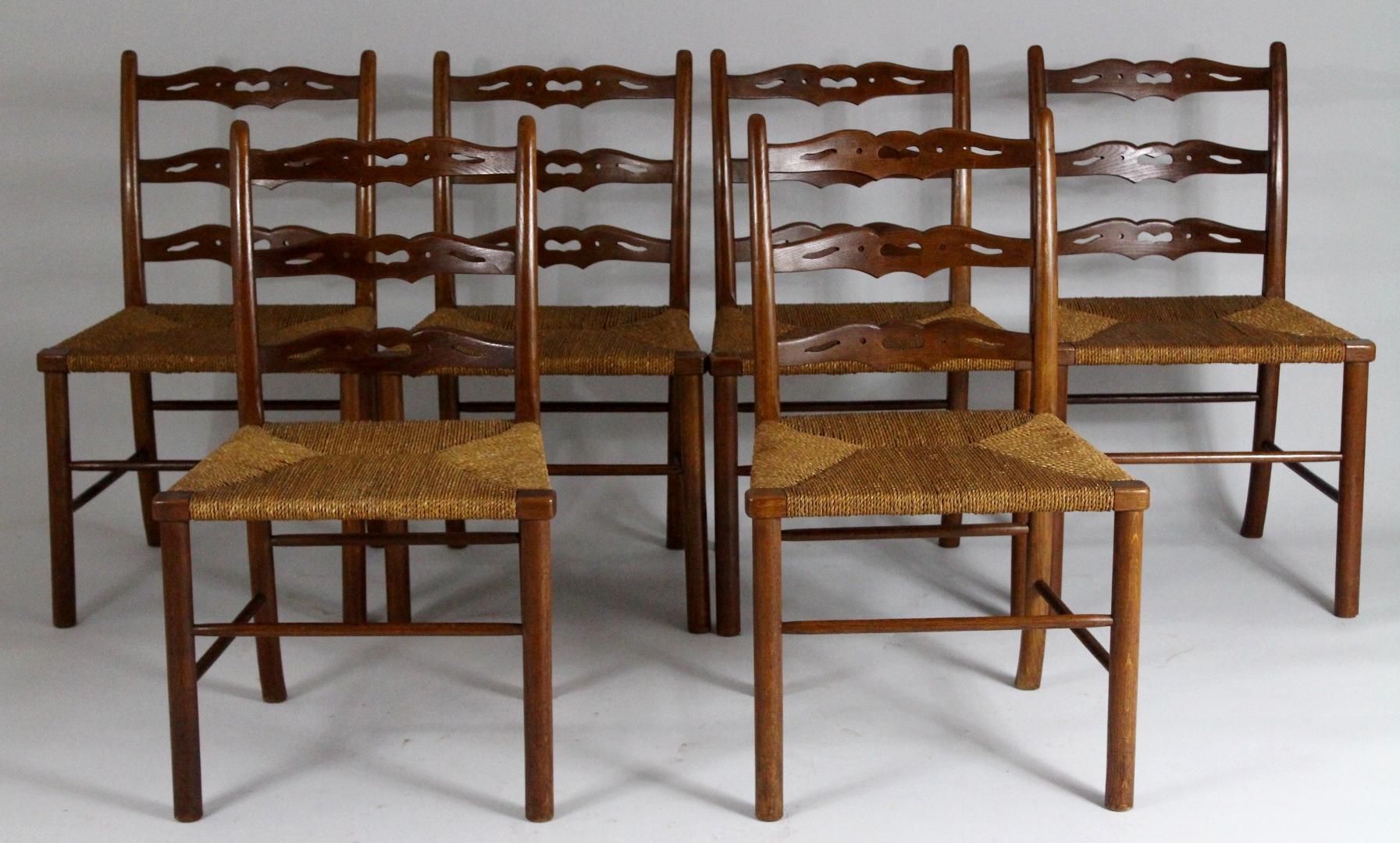 Czech Set of Six Oak Dining Chairs, Woven Rush Seat, circa 1900