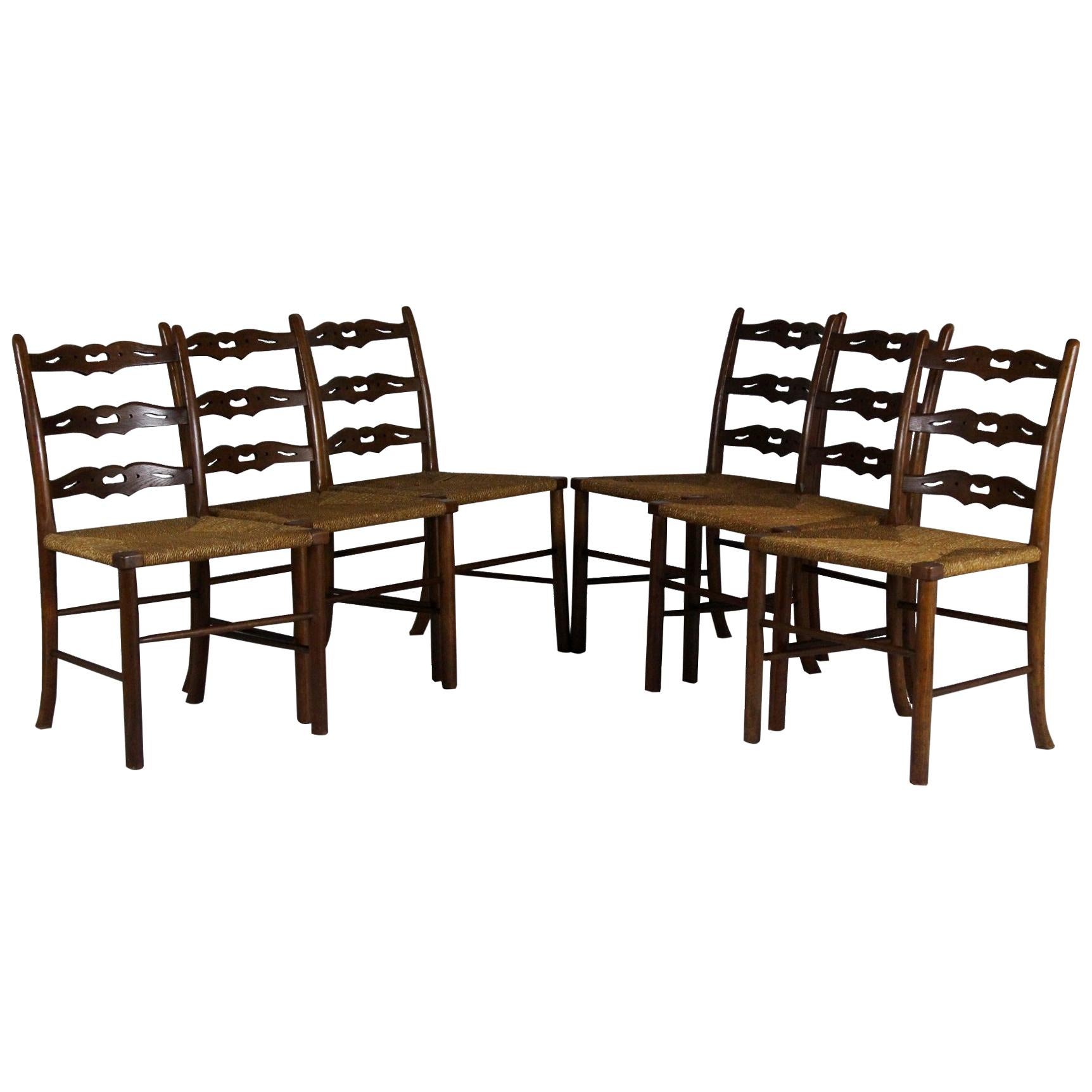 Set of Six Oak Dining Chairs, Woven Rush Seat, circa 1900