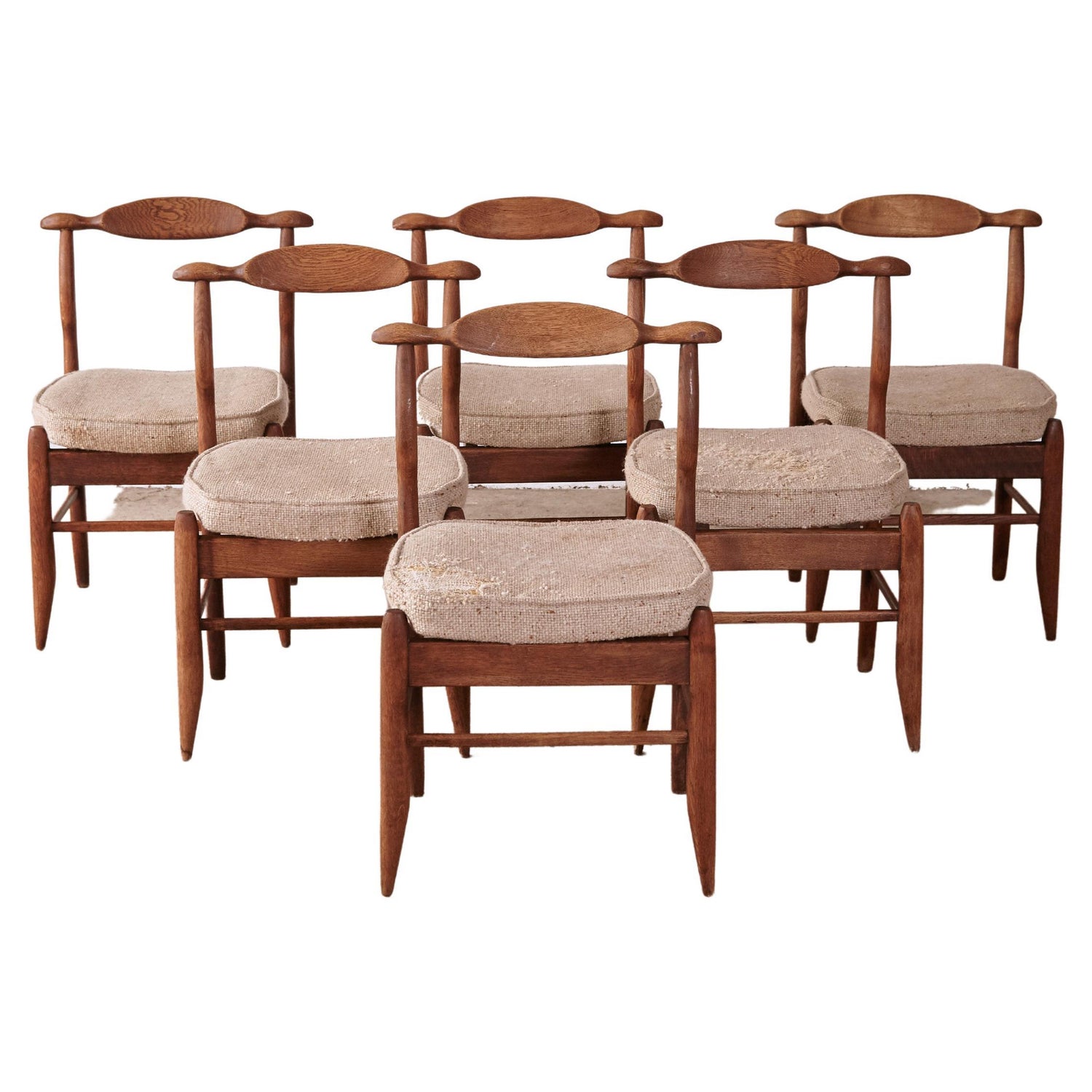 Guillerme and Chambron Set of Six 'Fumay' Dining Chairs in Oak and Green  Fabric For Sale at 1stDibs