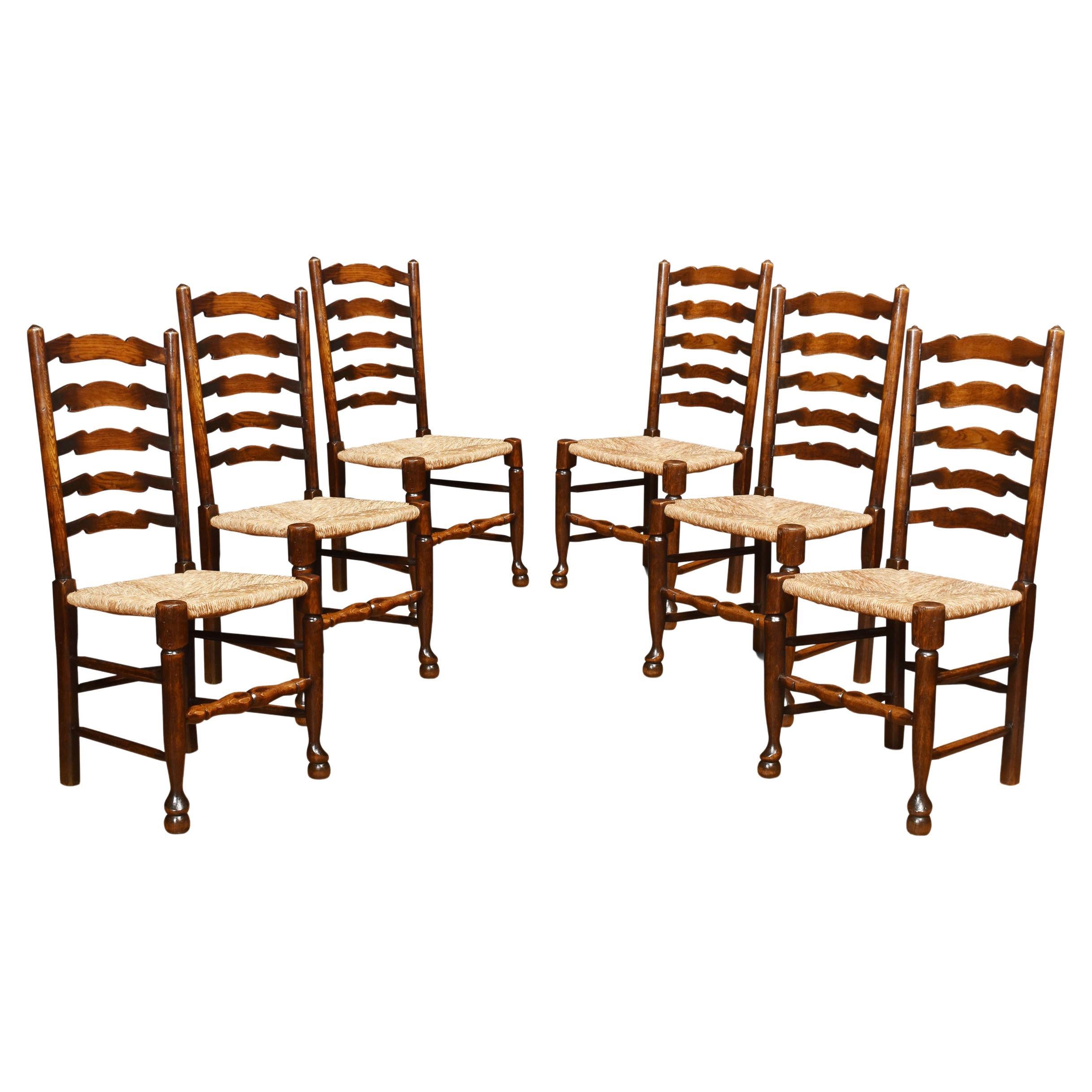 Set of Six Oak Ladder Back Dining Chairs