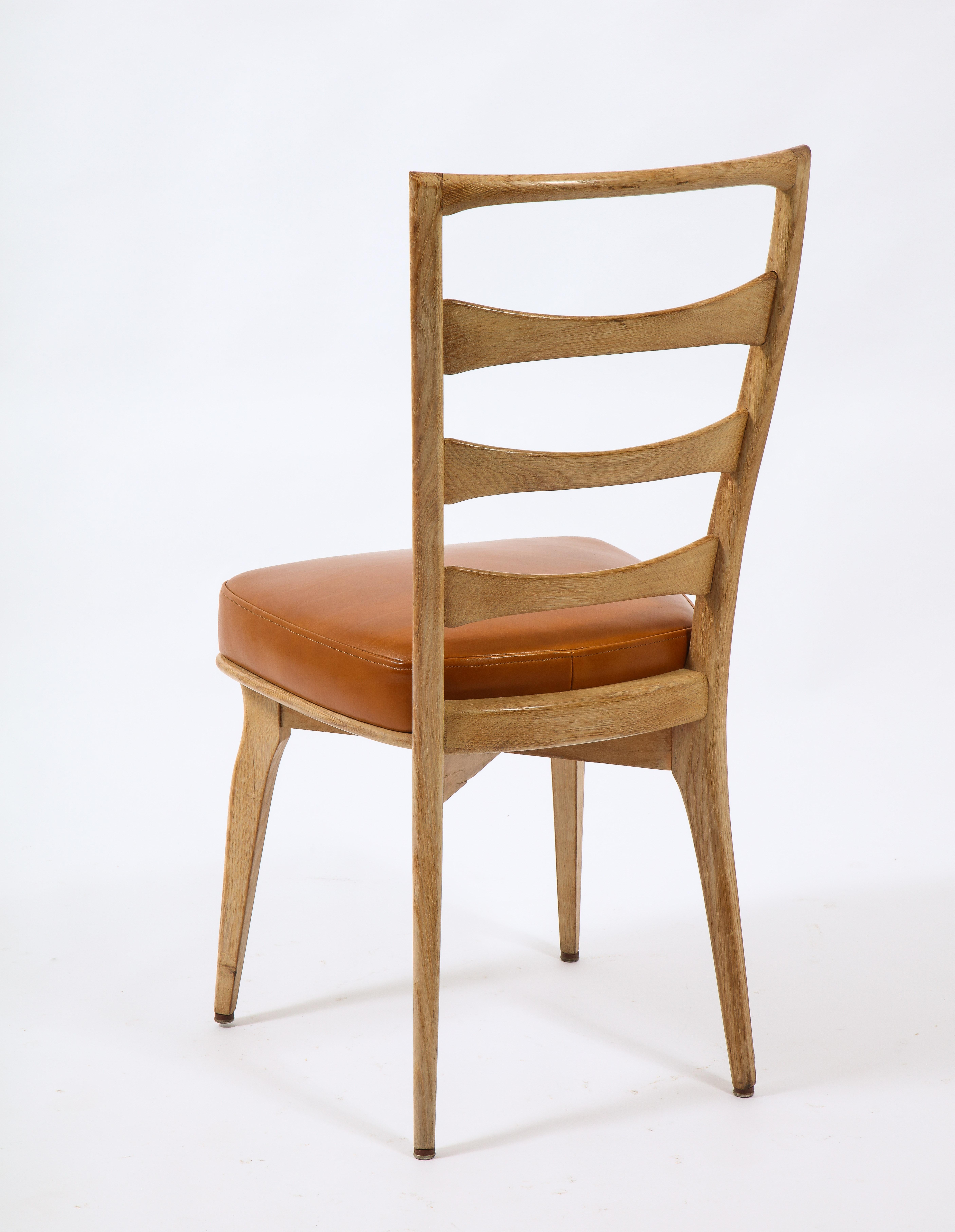 Set of Six Oak & Leather Side Dining Chairs, France, 1960's 6