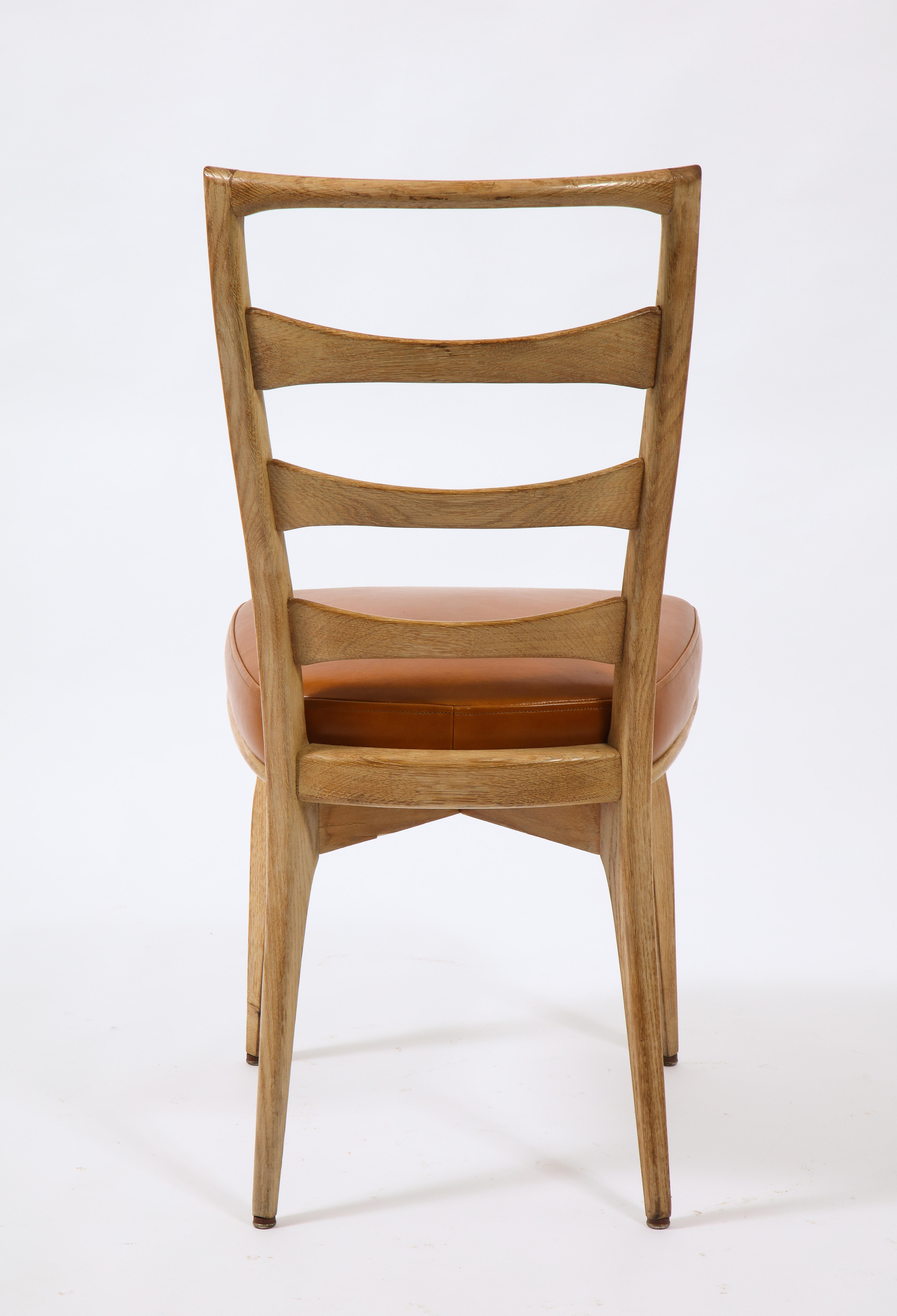 Set of Six Oak & Leather Side Dining Chairs, France, 1960's 7