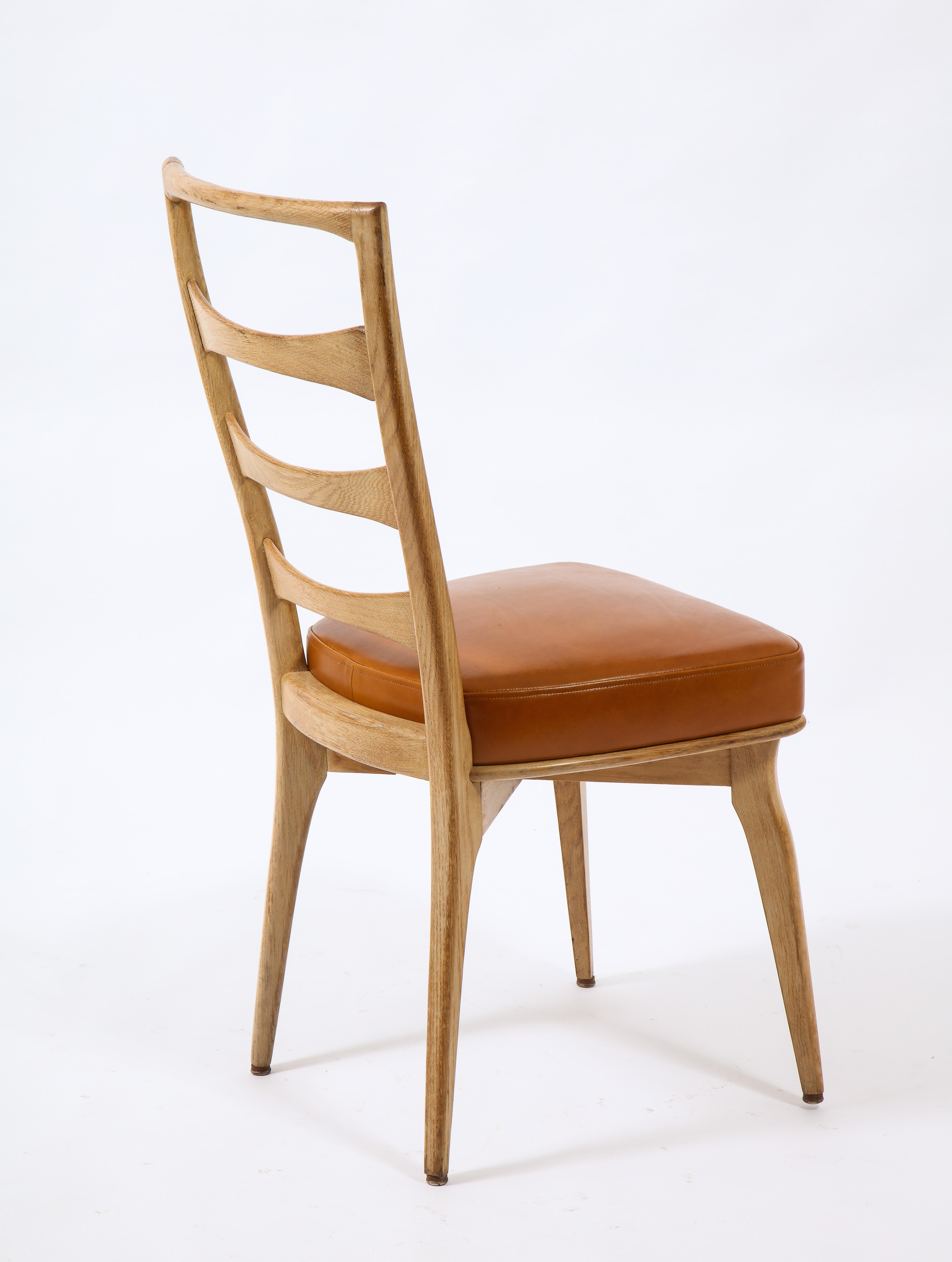Set of Six Oak & Leather Side Dining Chairs, France, 1960's 8