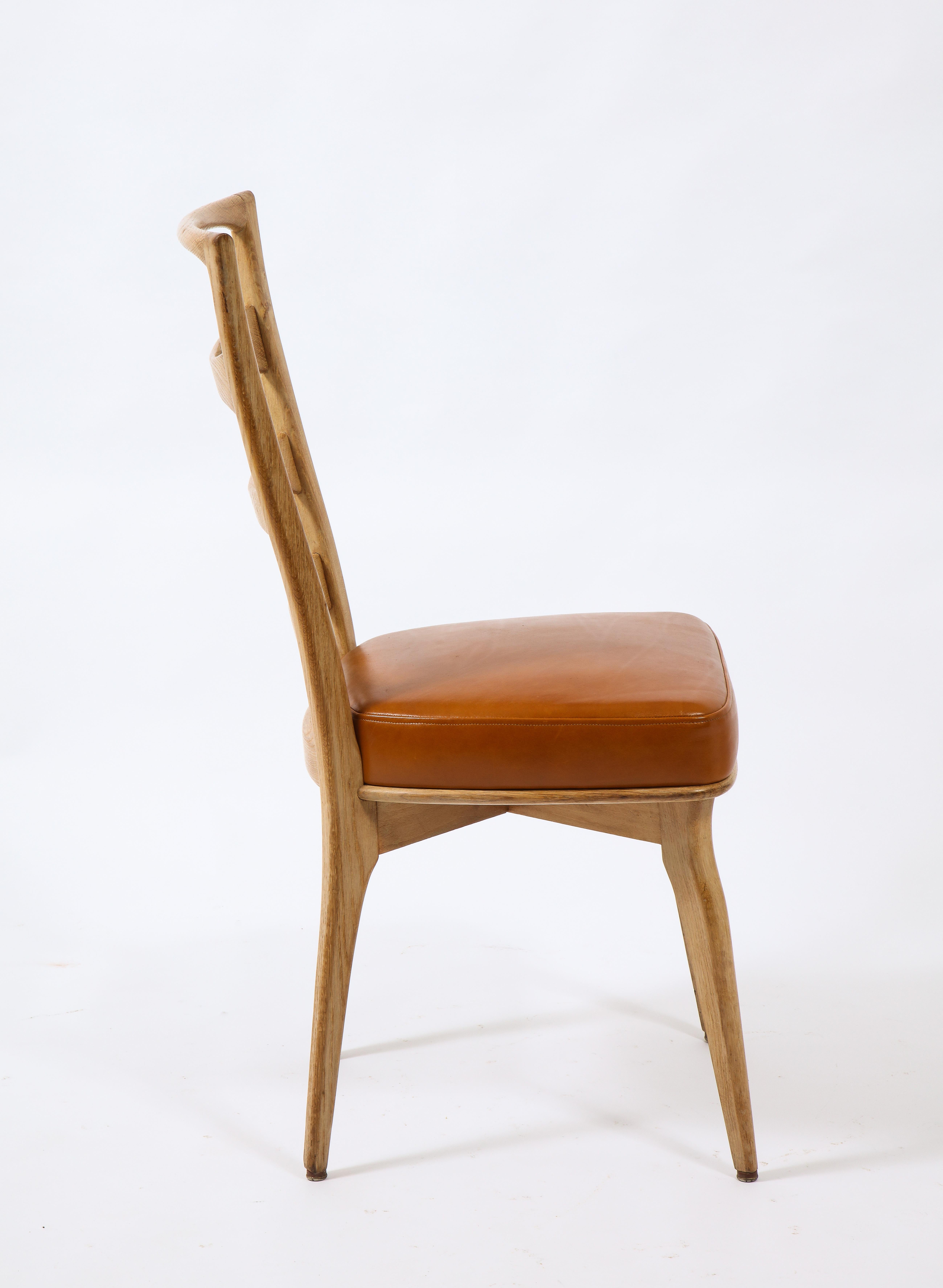 Set of Six Oak & Leather Side Dining Chairs, France, 1960's 9