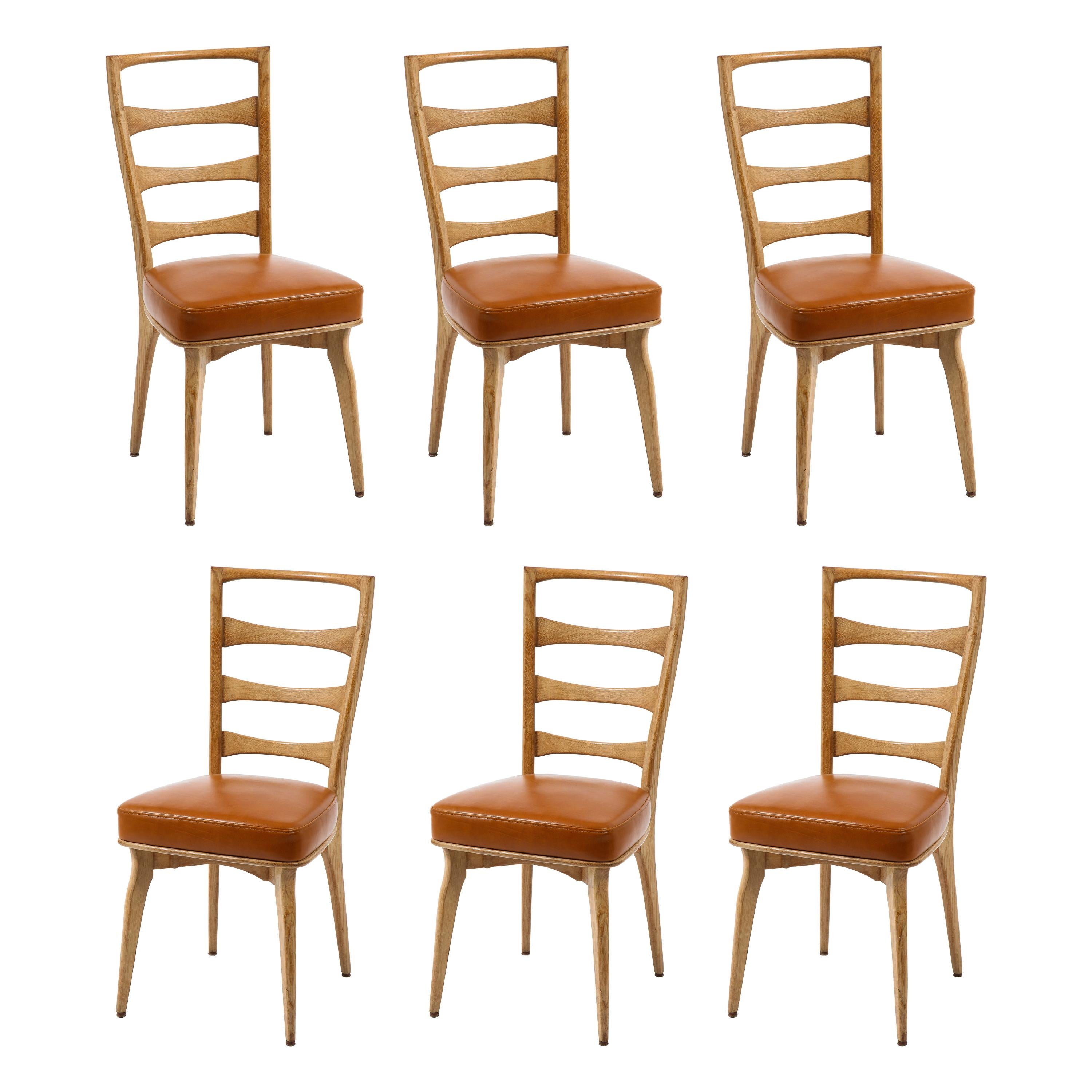 Set of Six Oak & Leather Side Dining Chairs, France, 1960's