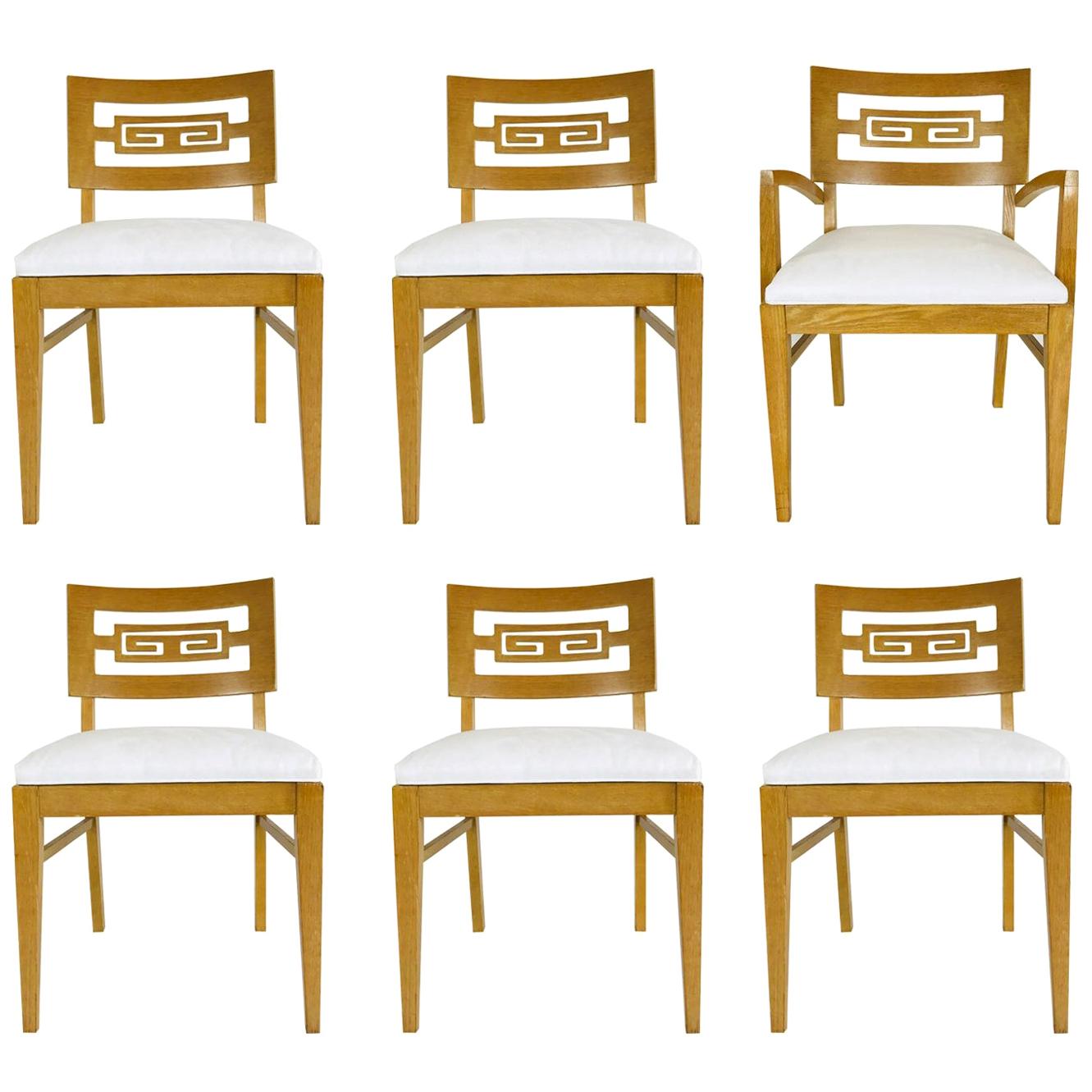 Set of Six Oak Midcentury Greek Key Dining Chairs