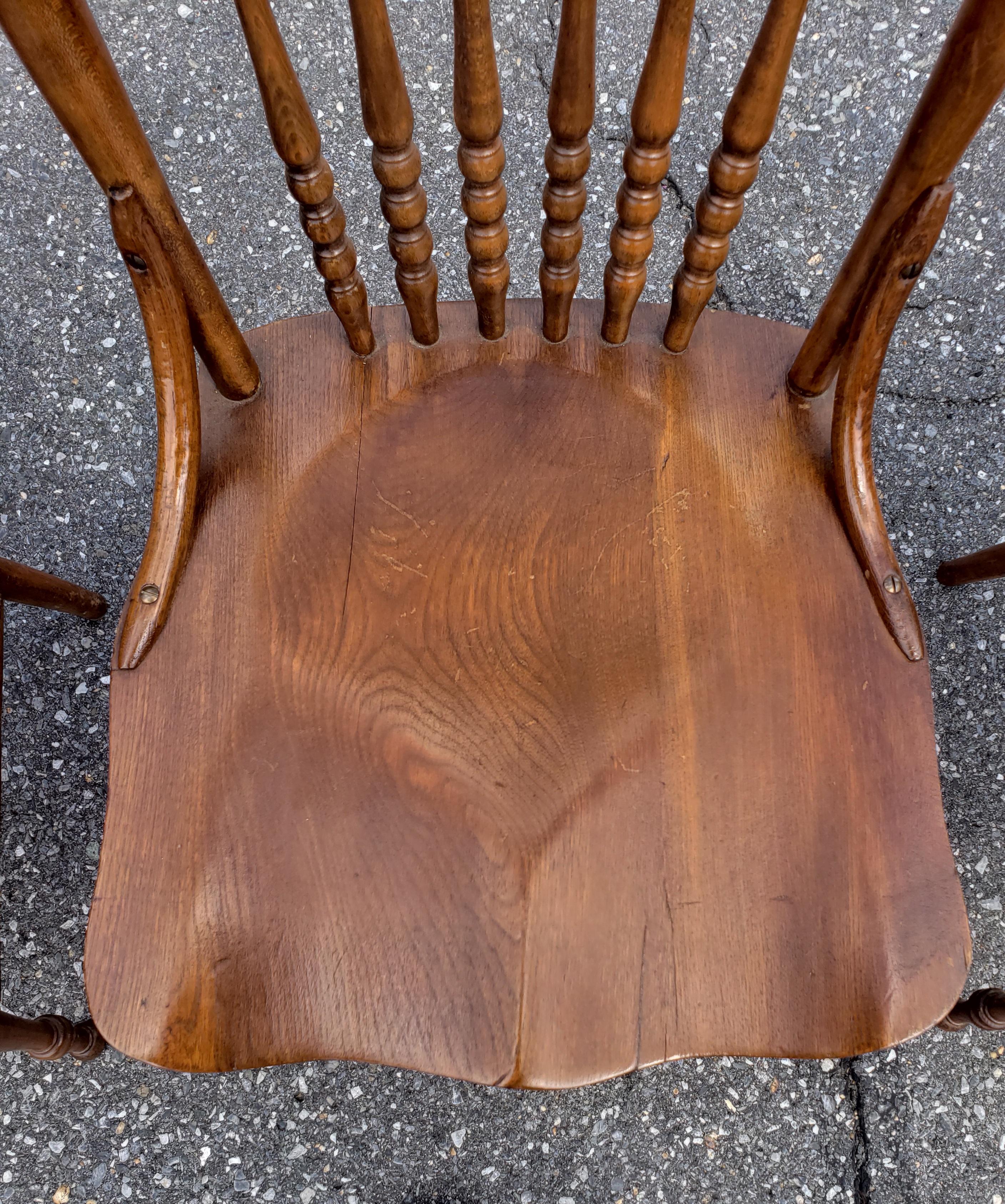 American Set of Six Oak Pressed and Spindle Back Saddle Seat Dining Chairs