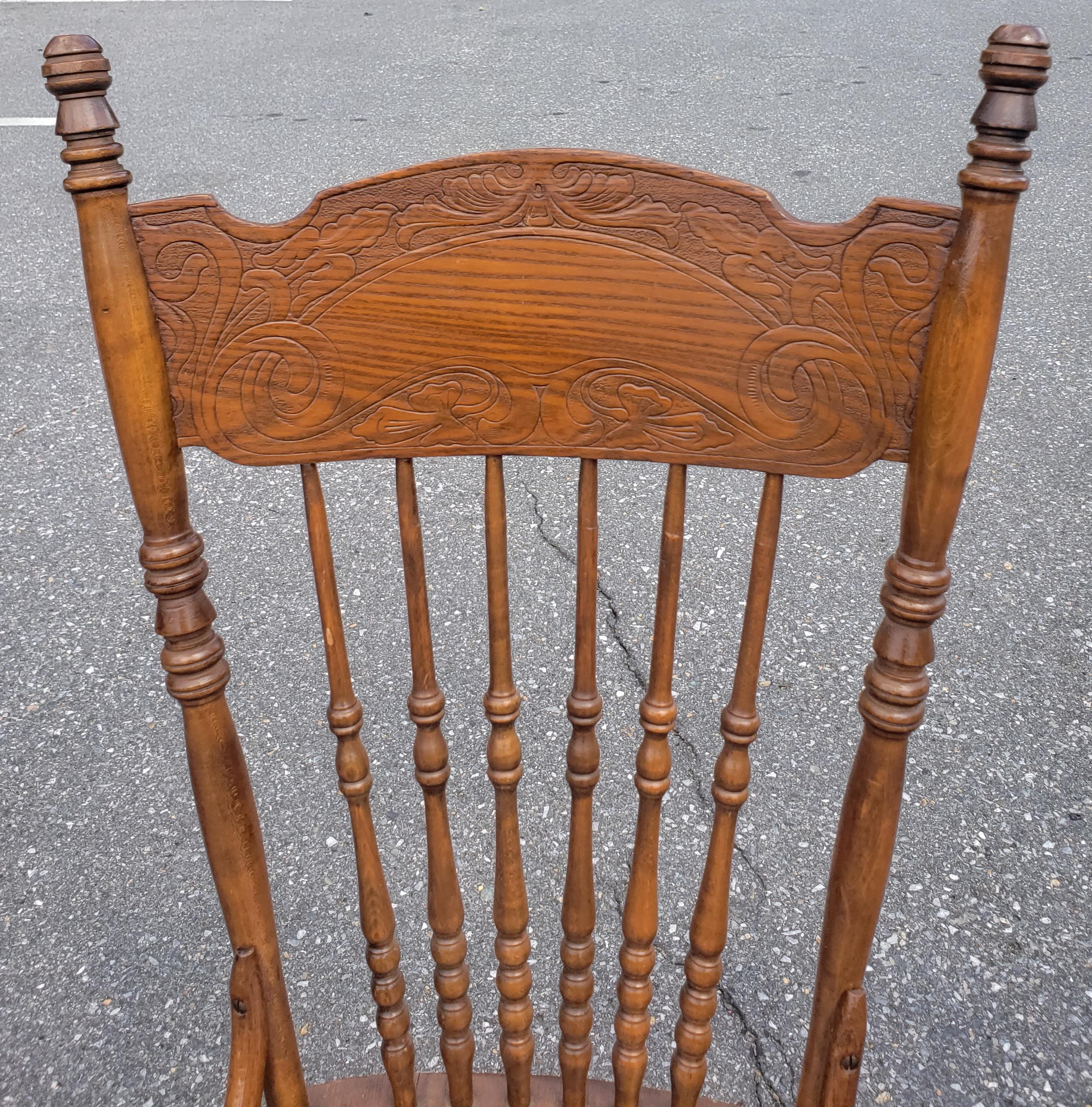 Carved Set of Six Oak Pressed and Spindle Back Saddle Seat Dining Chairs