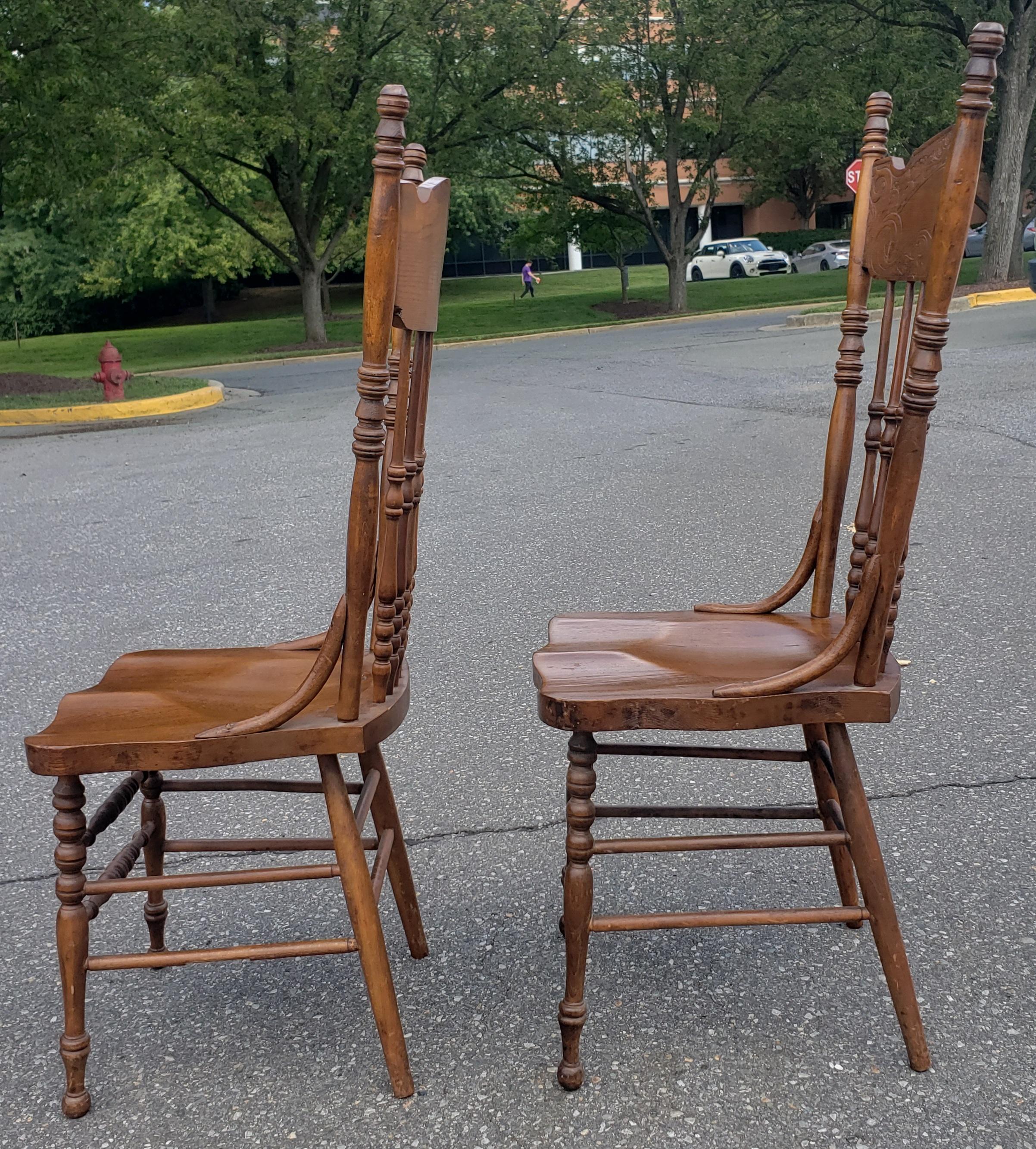 20th Century Set of Six Oak Pressed and Spindle Back Saddle Seat Dining Chairs