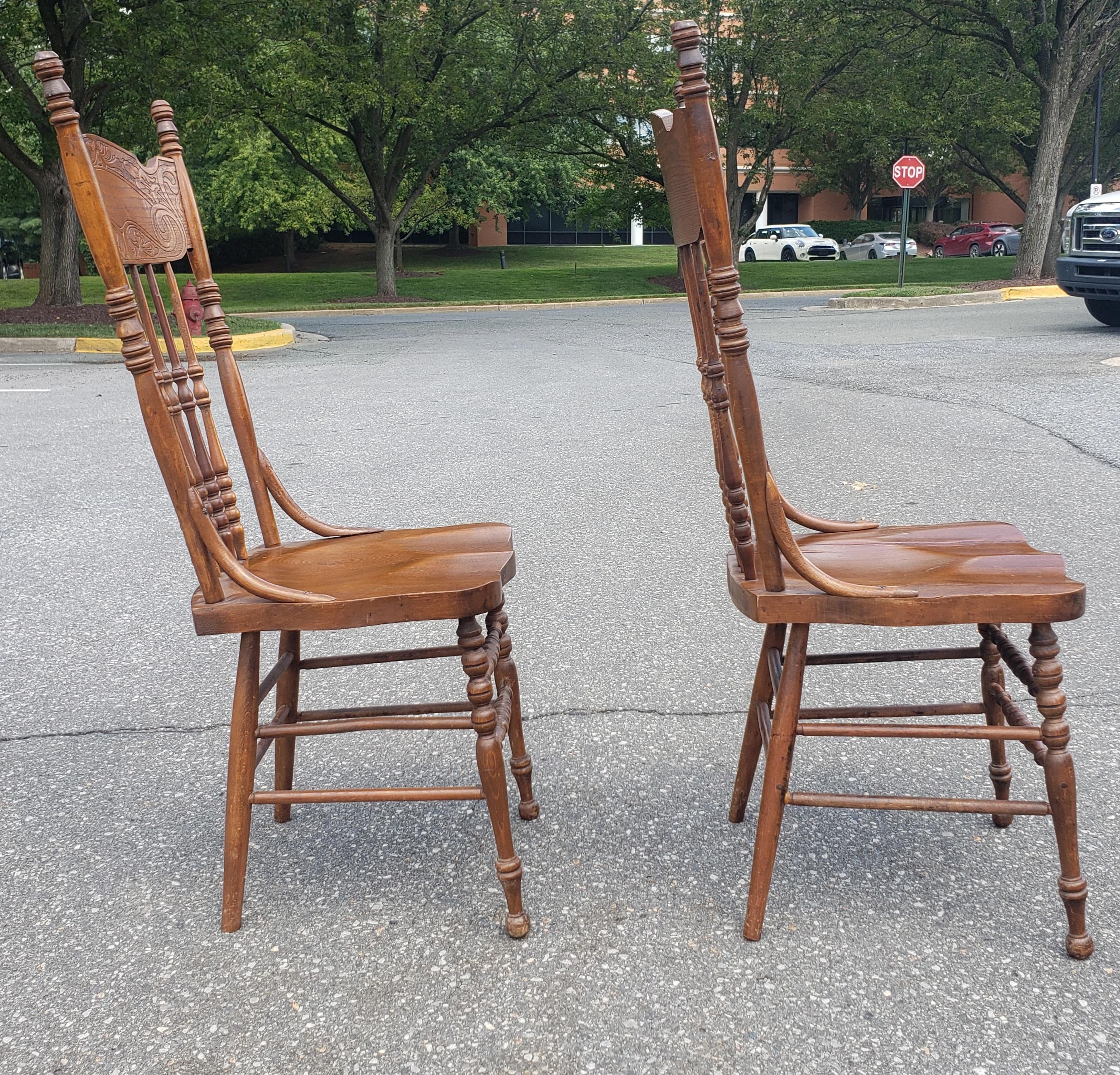 Set of Six Oak Pressed and Spindle Back Saddle Seat Dining Chairs 1