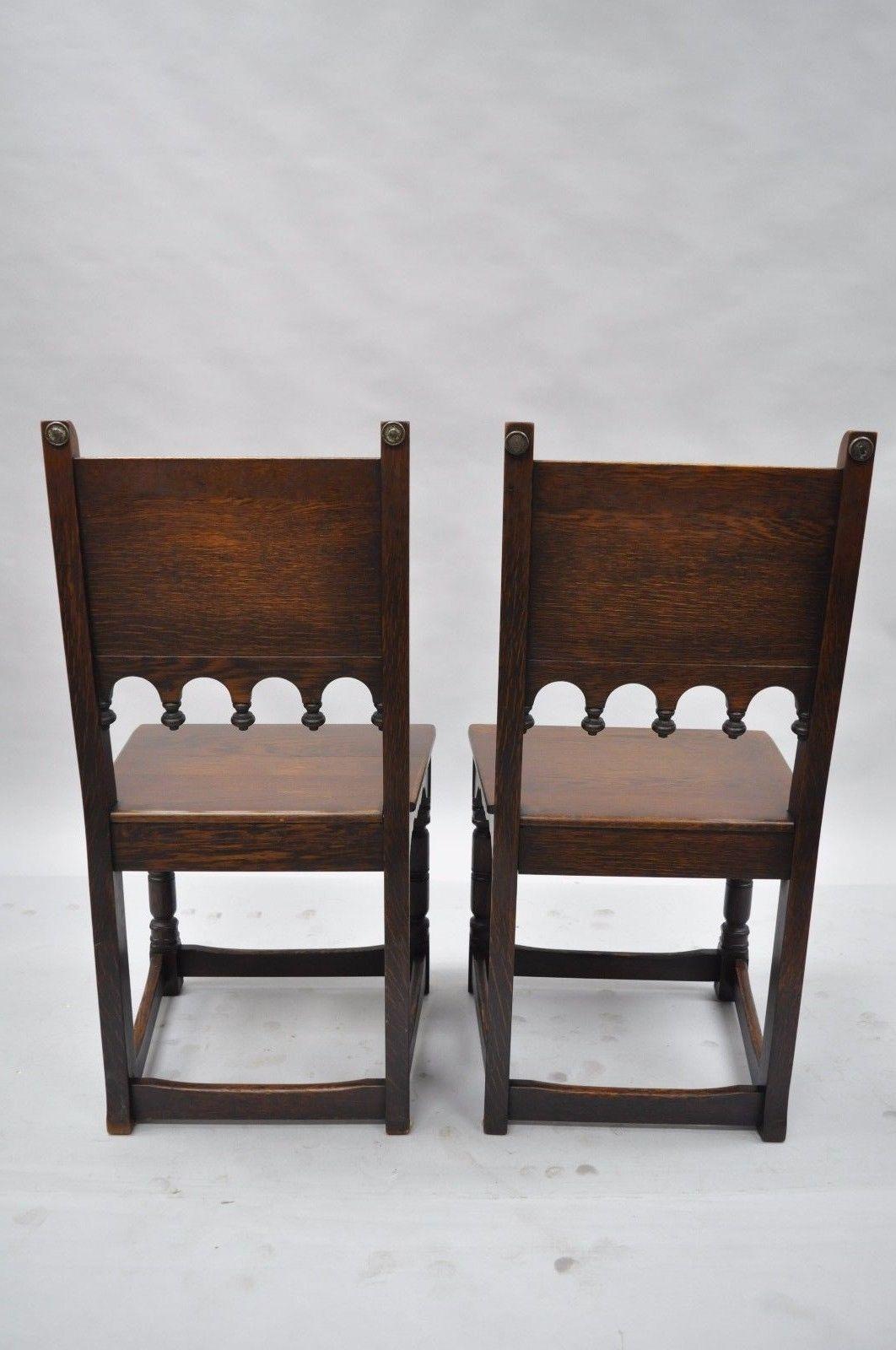 Set of Six Oak Wood Gothic Jacobean Renaissance Revival Dining Side Chairs 6
