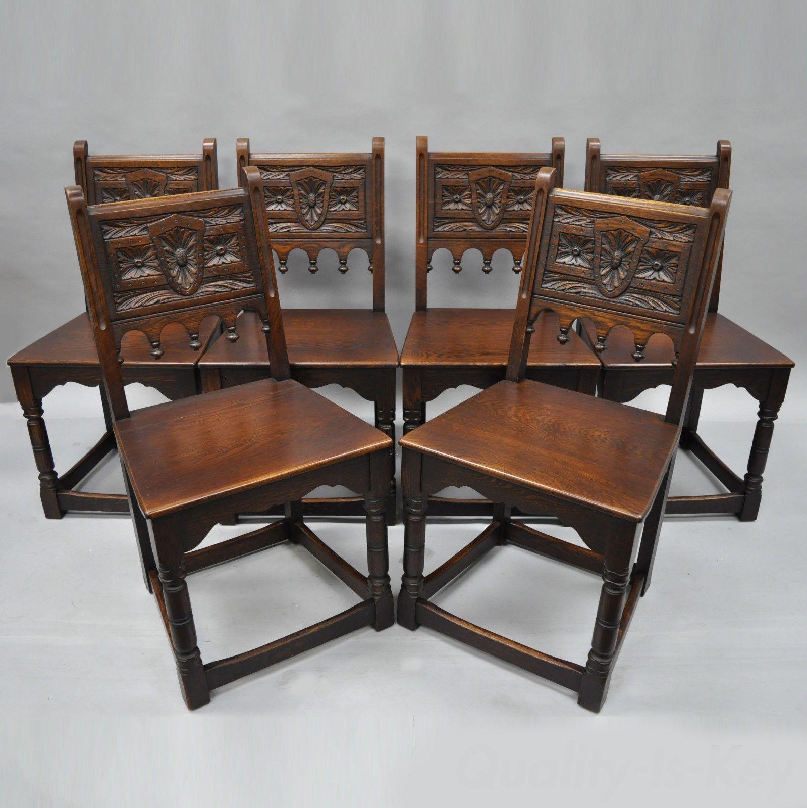 Set of Six Oak Wood Gothic Jacobean Renaissance Revival Dining Side Chairs 8