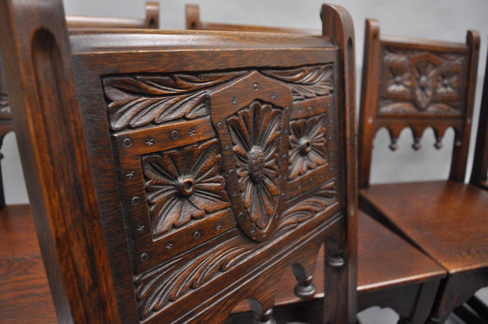 20th Century Set of Six Oak Wood Gothic Jacobean Renaissance Revival Dining Side Chairs