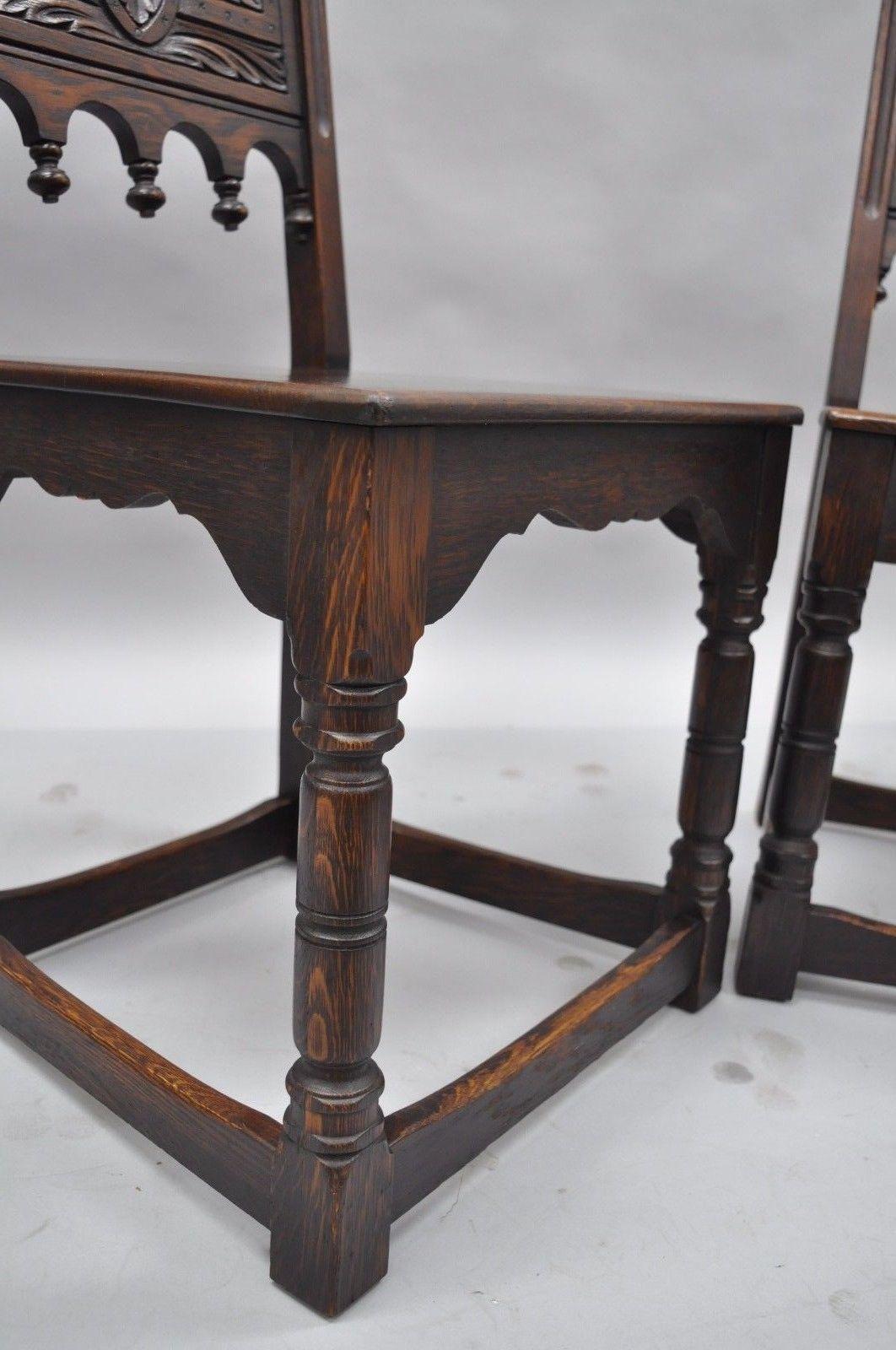 Set of Six Oak Wood Gothic Jacobean Renaissance Revival Dining Side Chairs 1