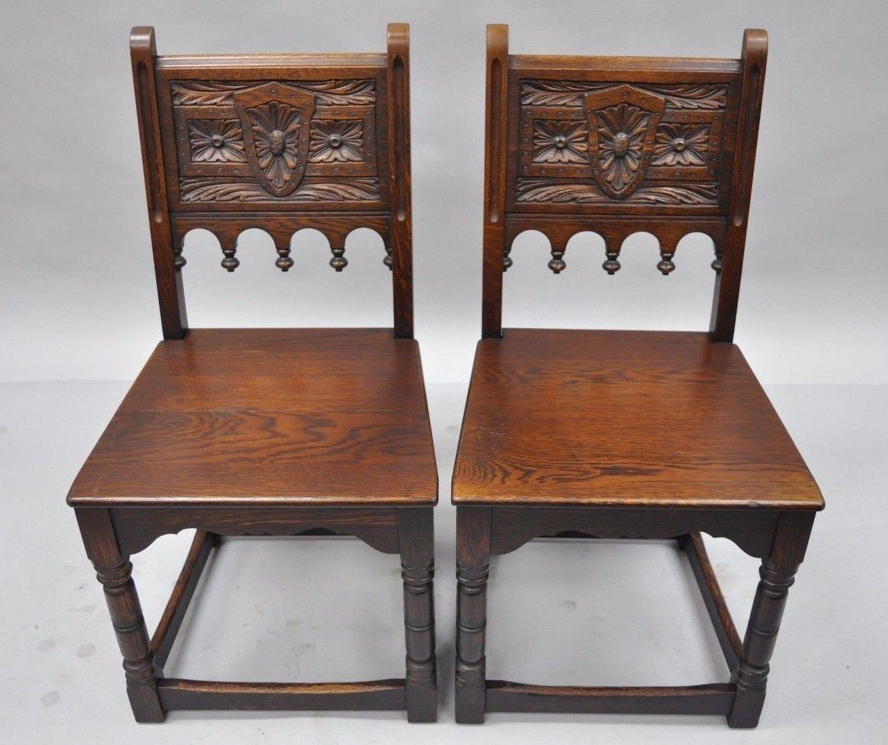 Set of Six Oak Wood Gothic Jacobean Renaissance Revival Dining Side Chairs 2