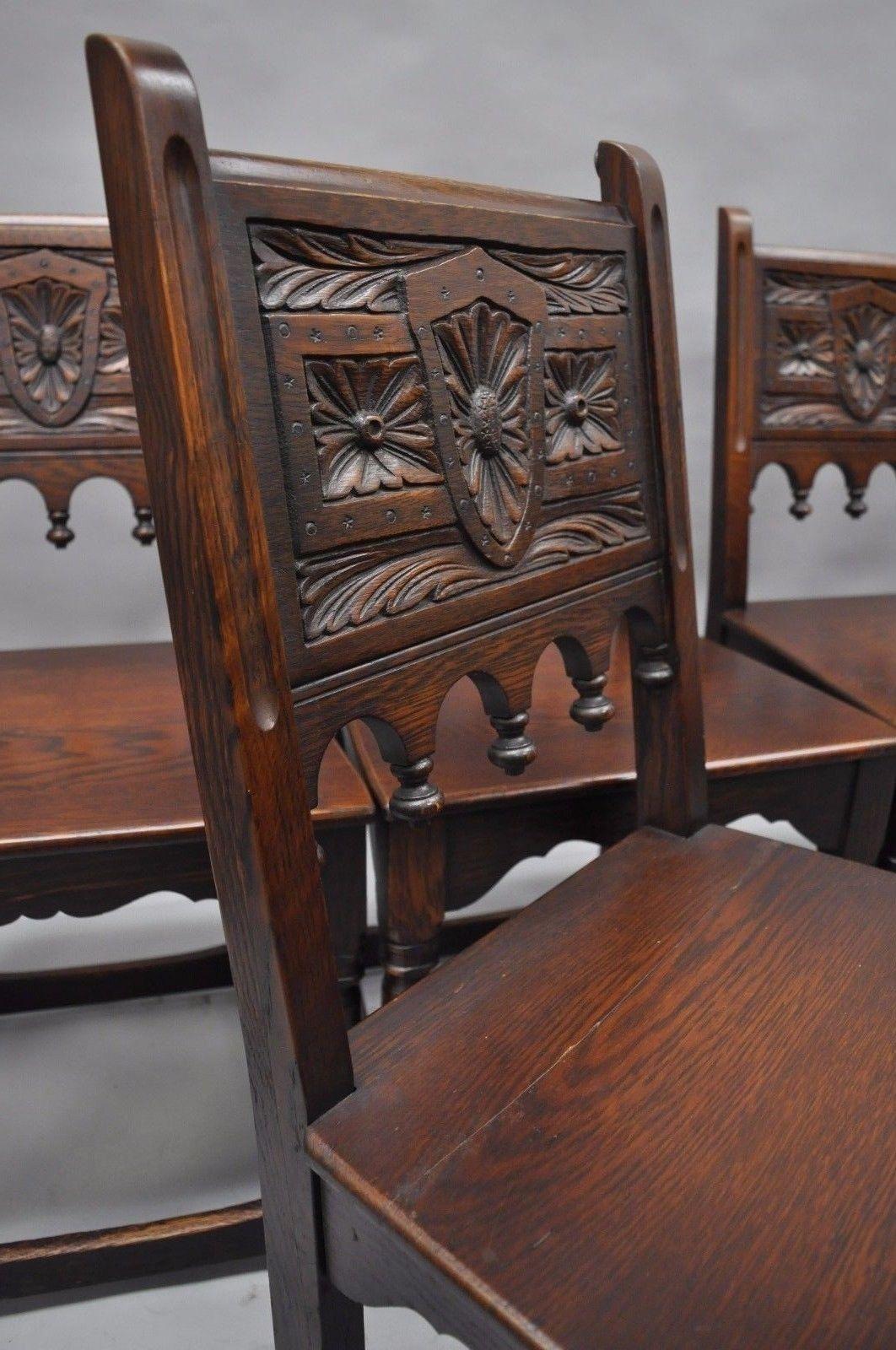 Set of Six Oak Wood Gothic Jacobean Renaissance Revival Dining Side Chairs 4