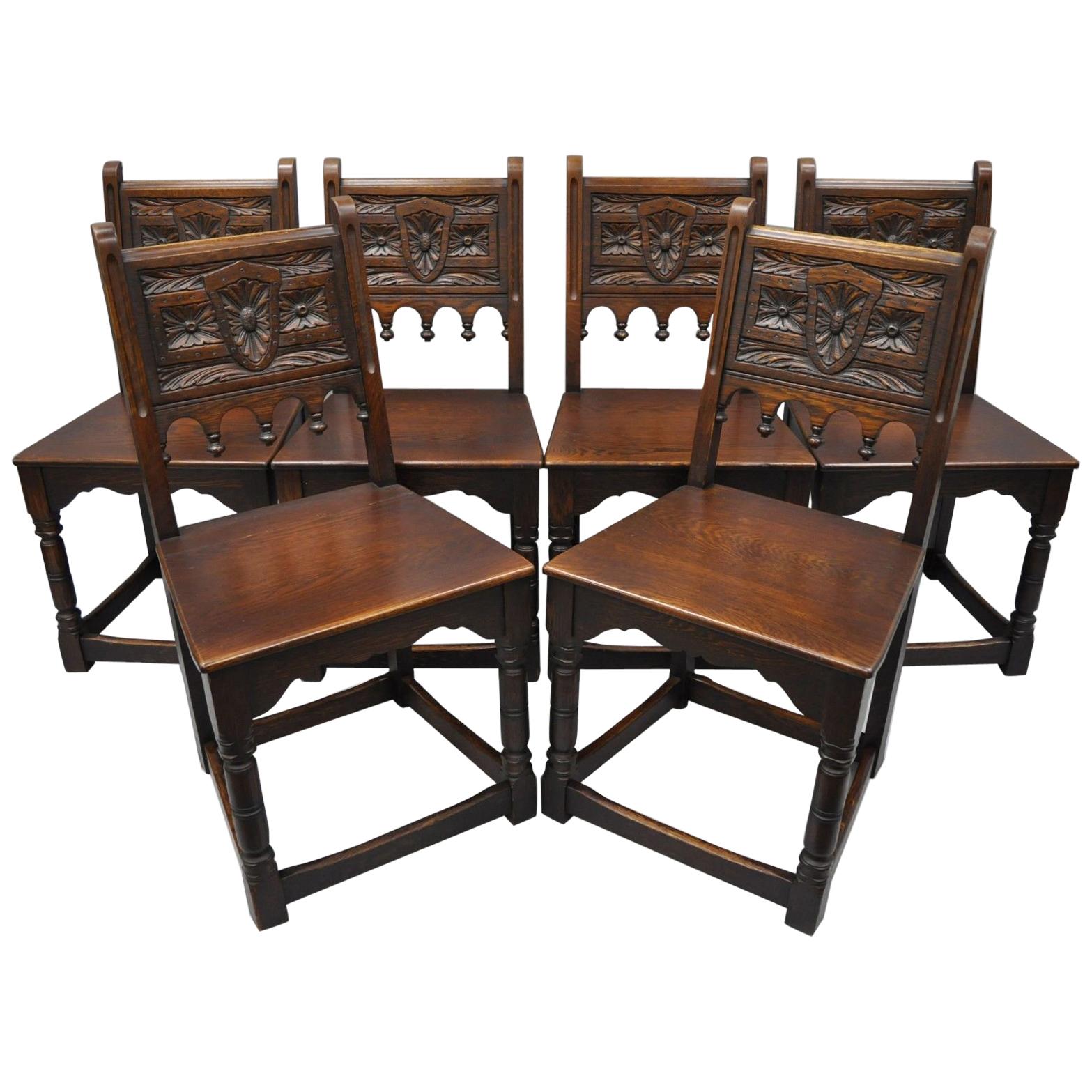 Set of Six Oak Wood Gothic Jacobean Renaissance Revival Dining Side Chairs