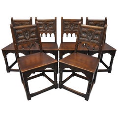 Antique Set of Six Oak Wood Gothic Jacobean Renaissance Revival Dining Side Chairs