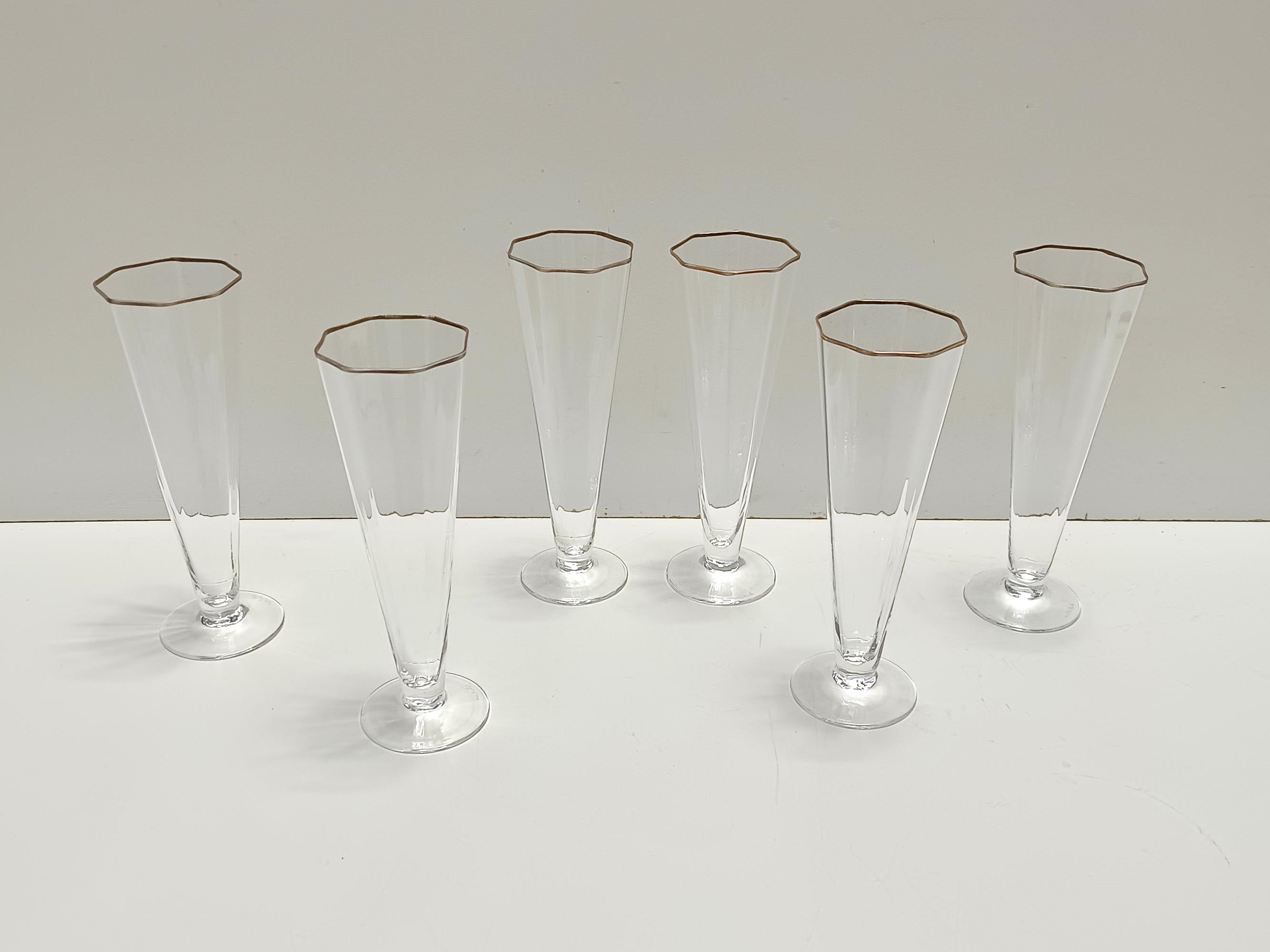 Juego de seis copas octogonales de cristal de Murano soplado a mano de Carlo Moretti, Italia Italiano en venta