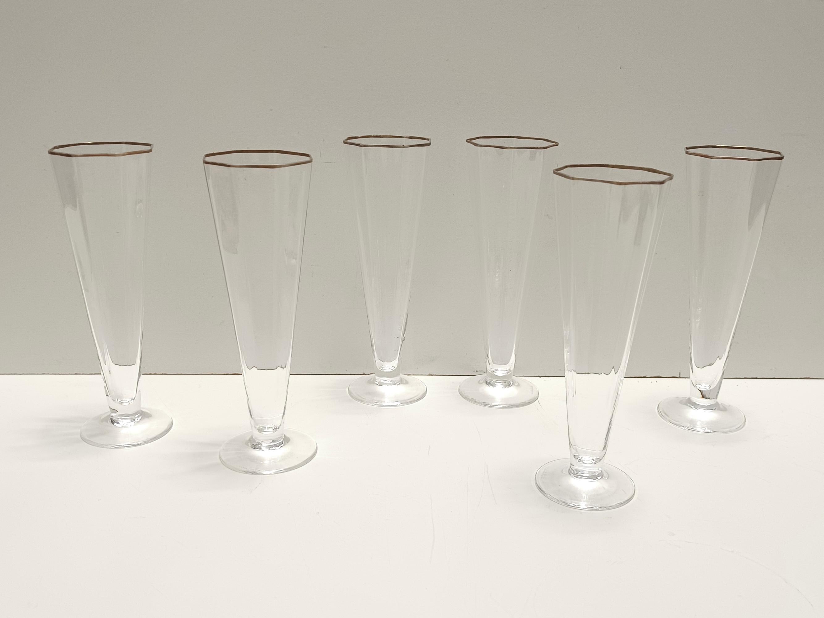Juego de seis copas octogonales de cristal de Murano soplado a mano de Carlo Moretti, Italia finales del siglo XX en venta