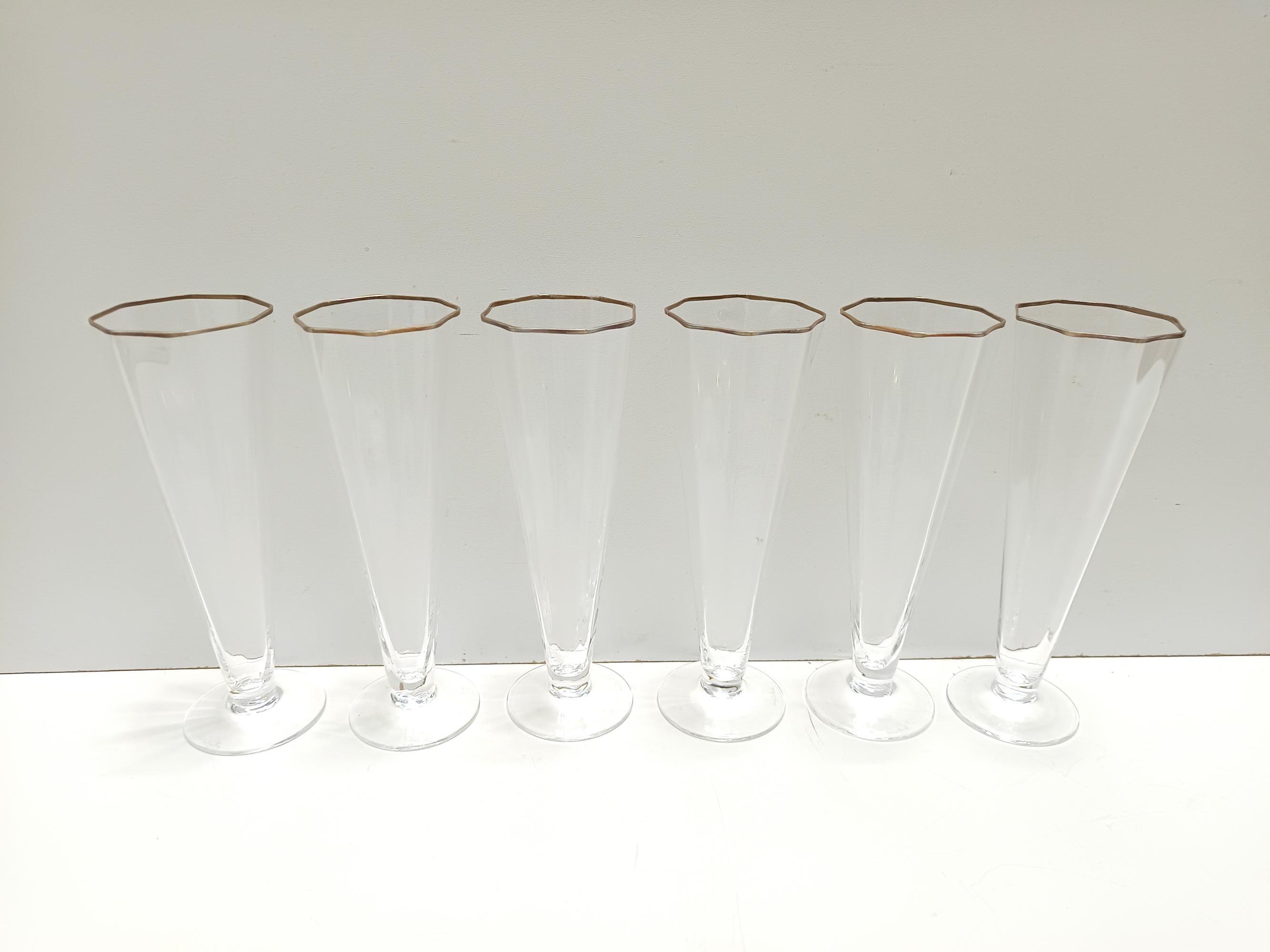 Juego de seis copas octogonales de cristal de Murano soplado a mano de Carlo Moretti, Italia Oro en venta