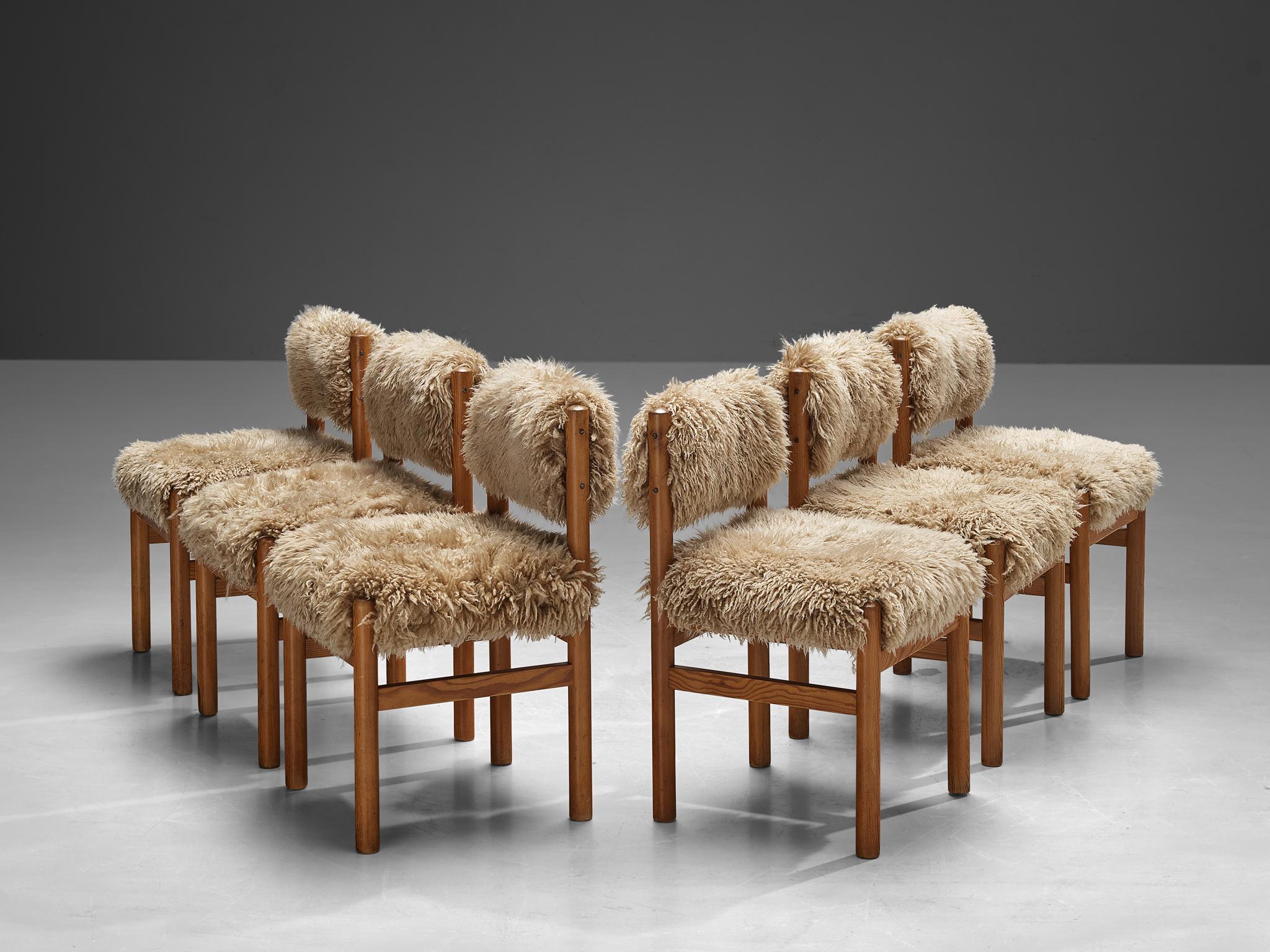 Mid-20th Century Set of Six Dining Chairs in Pine and Sheepskin
