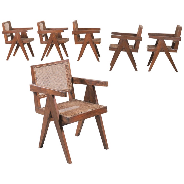 Set of Six "Office Cane Chairs" circa 1955 by Pierre Jeanneret For Sale