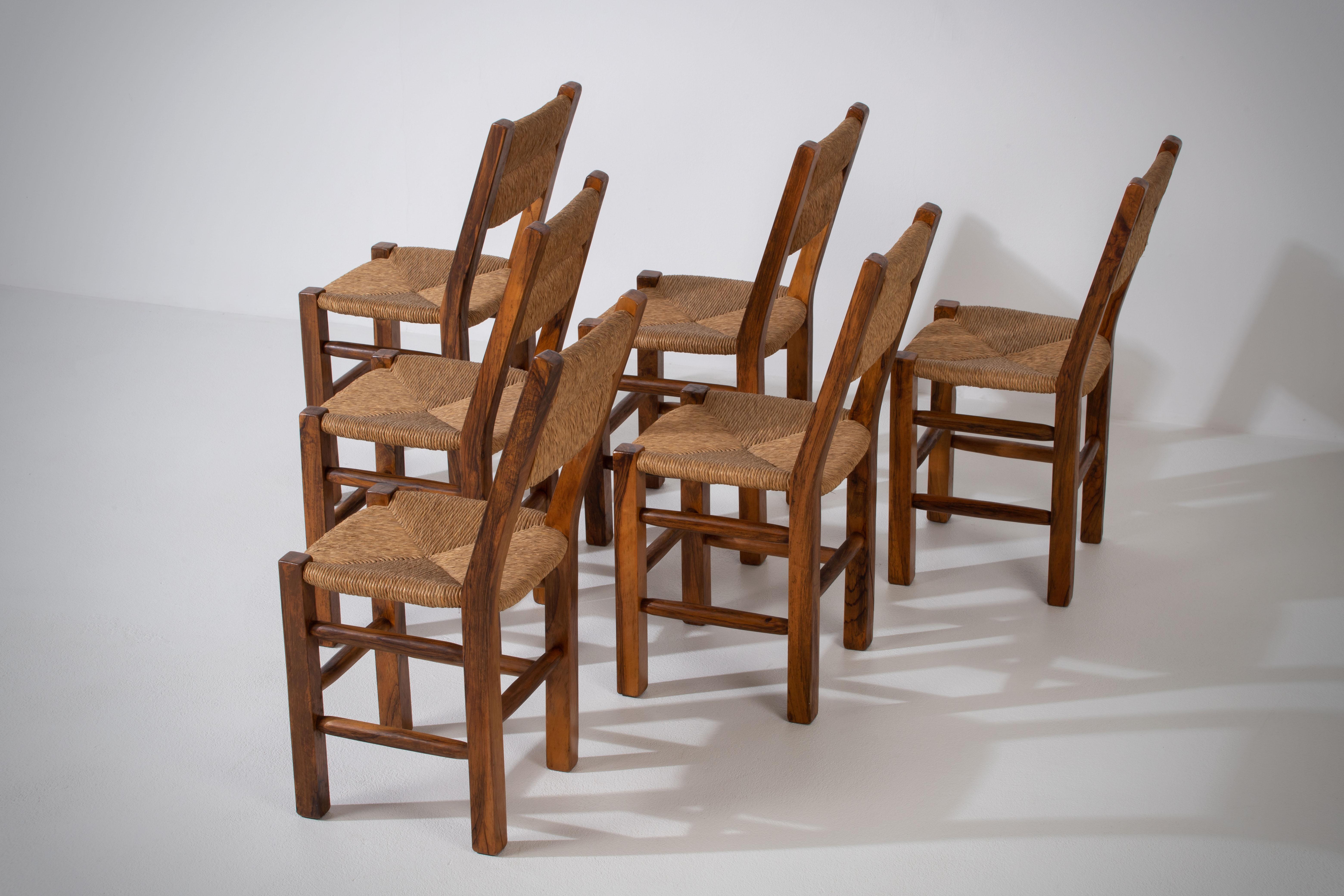 Set of Six Olivetree and Rush Chairs, 1960, France For Sale 4