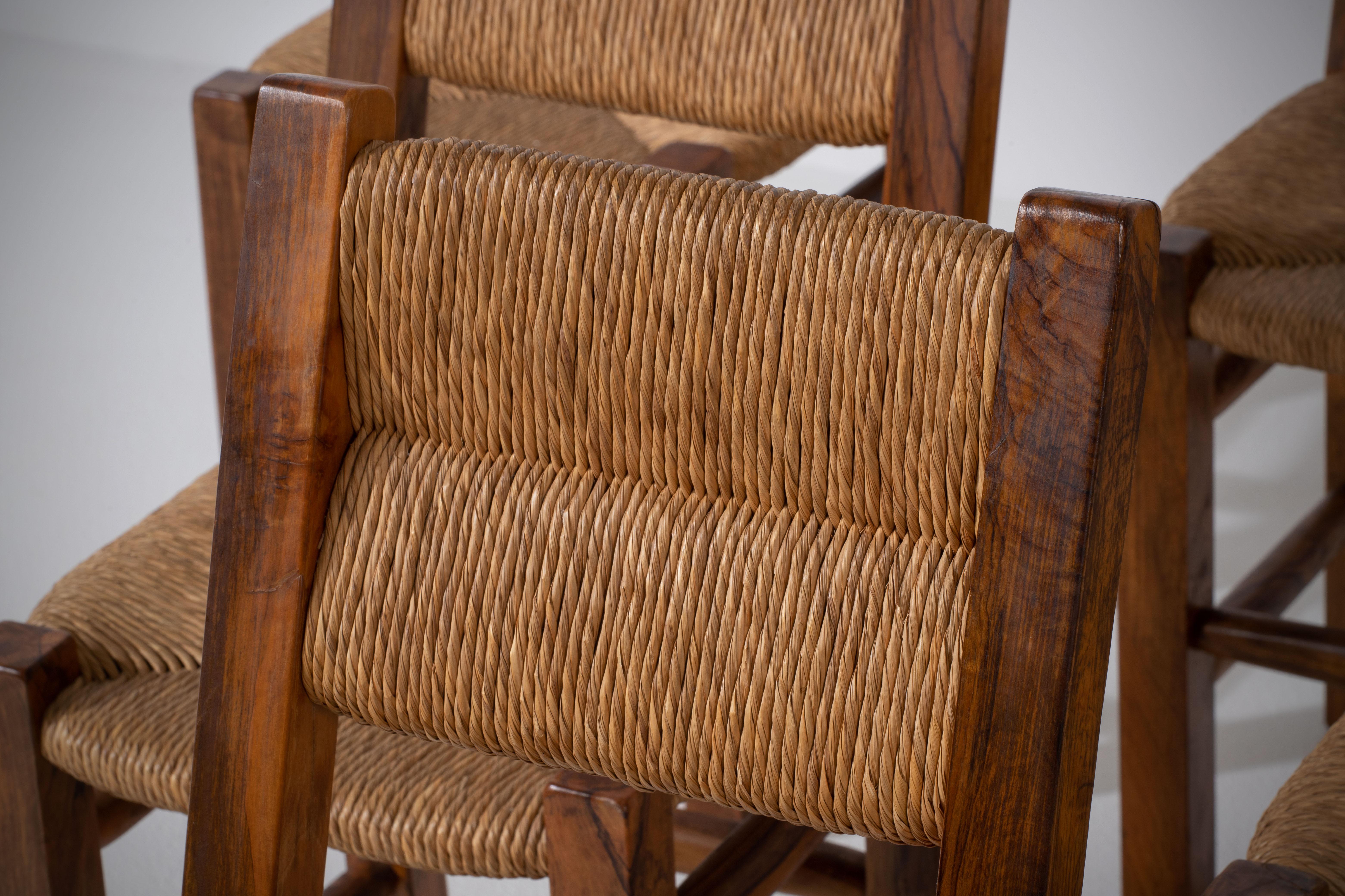Set of Six Olivetree and Rush Chairs, 1960, France For Sale 6