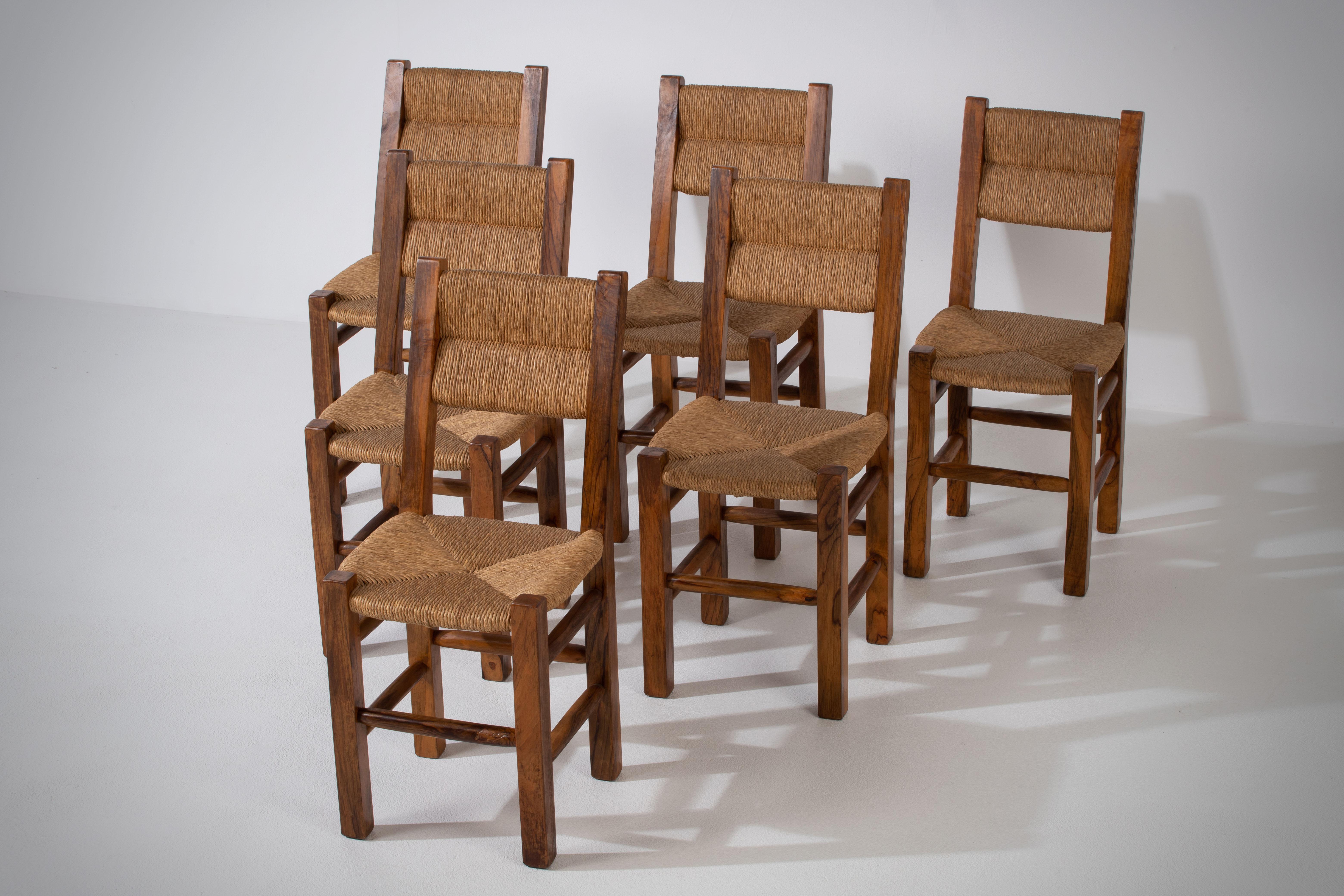 Set of Six Olivetree and Rush Chairs, 1960, France For Sale 8