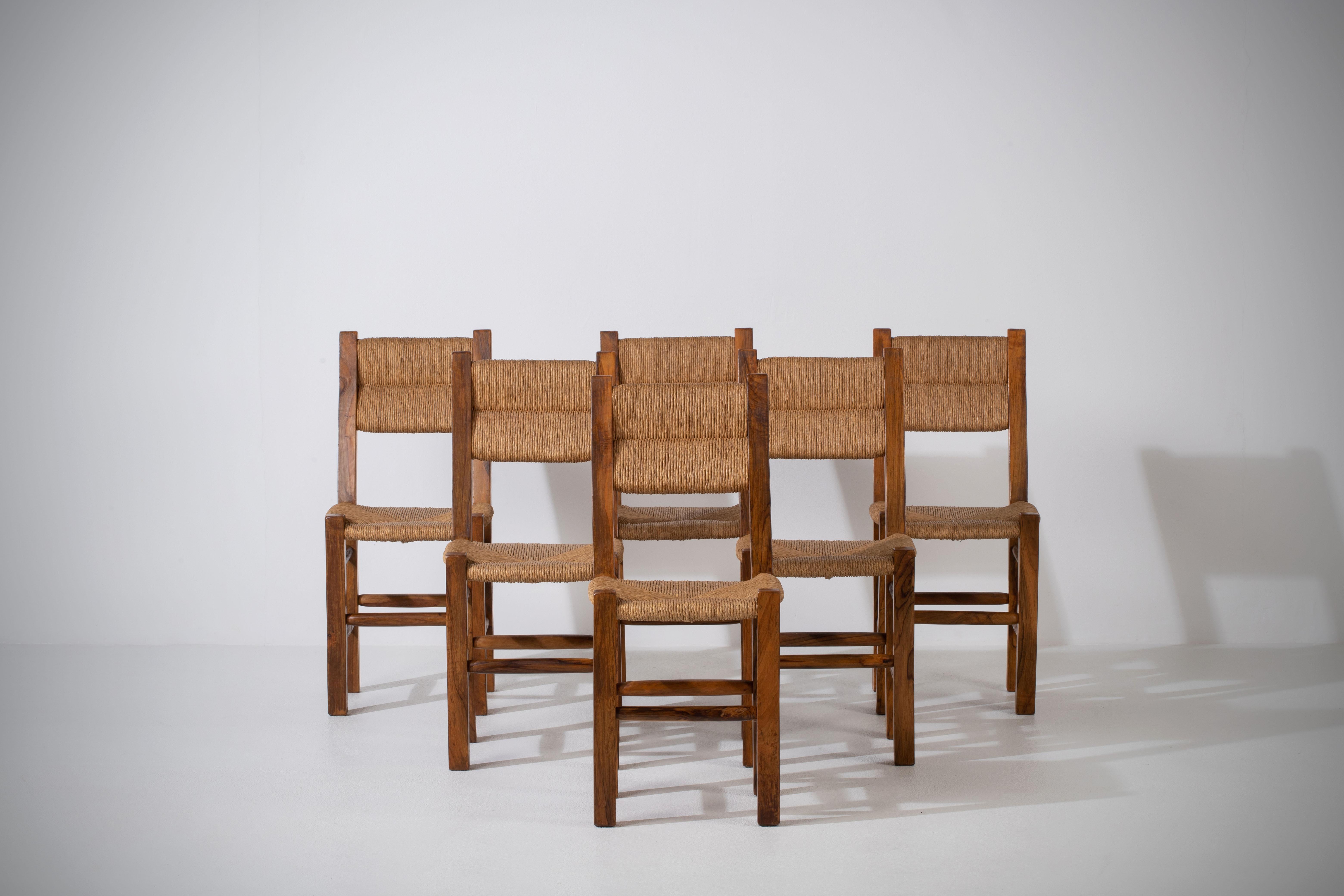 Set of Six Olivetree and Rush Chairs, 1960, France For Sale 9