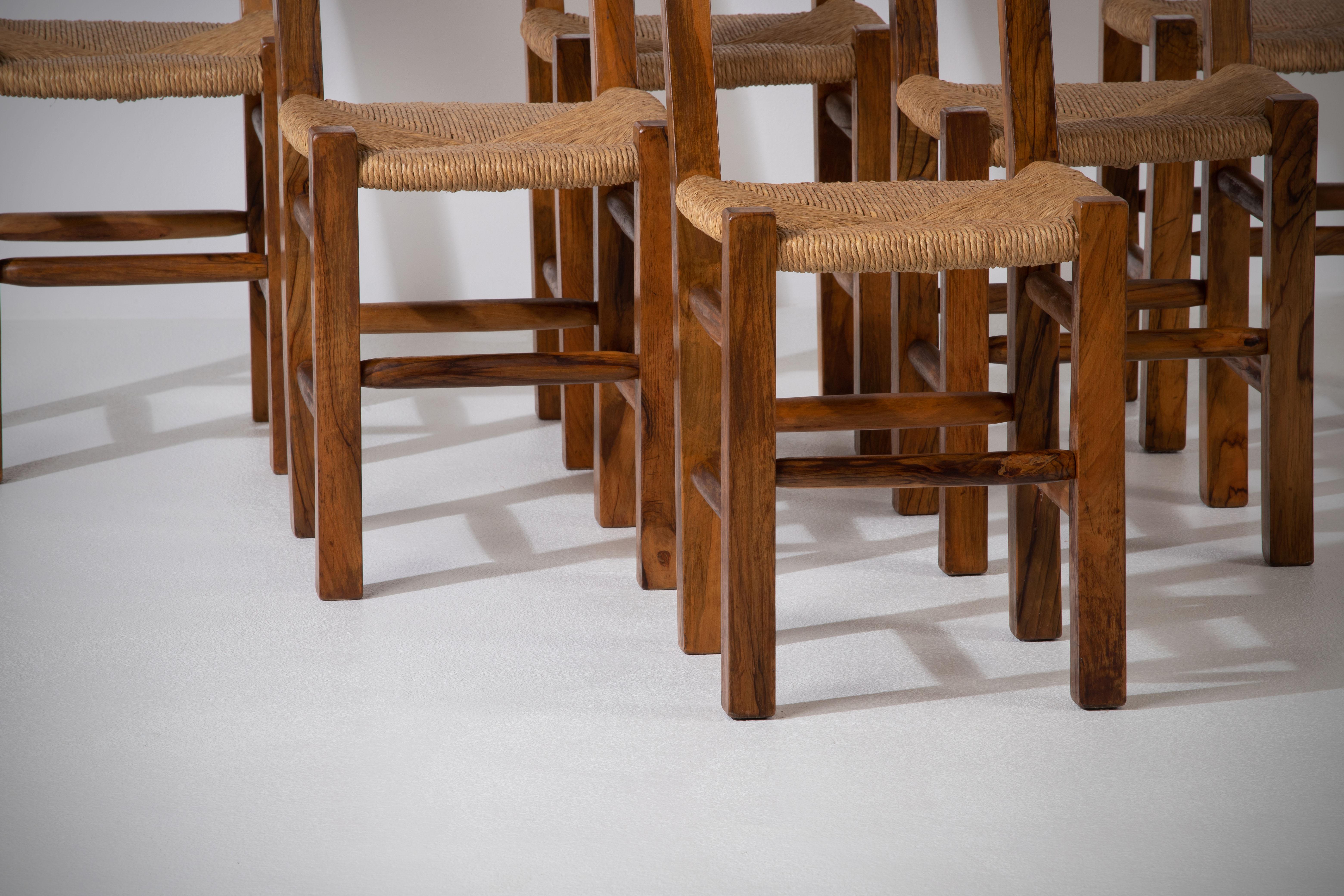 Set of Six Olivetree and Rush Chairs, 1960, France For Sale 10
