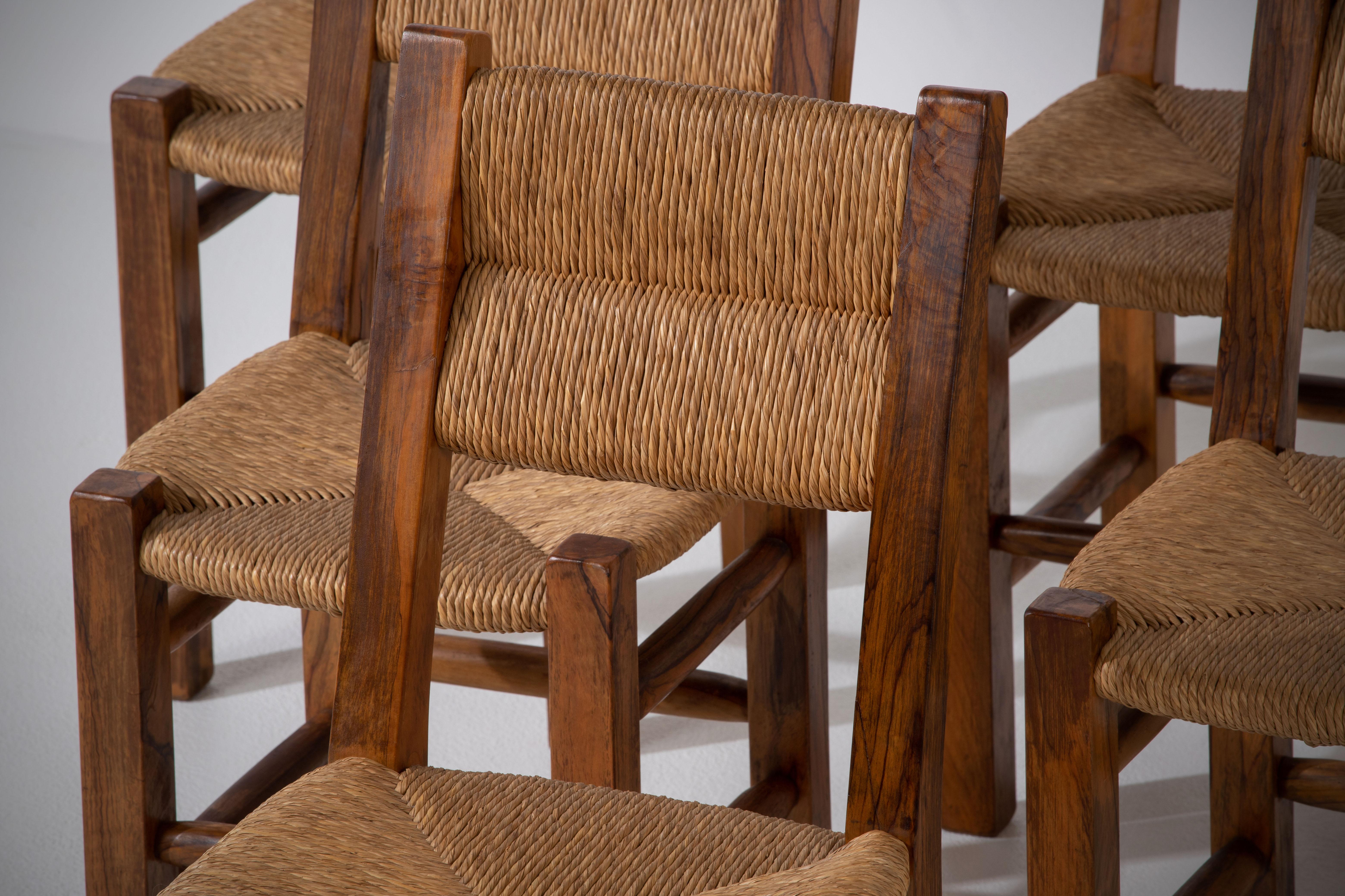 Set of Six Olivetree and Rush Chairs, 1960, France For Sale 11