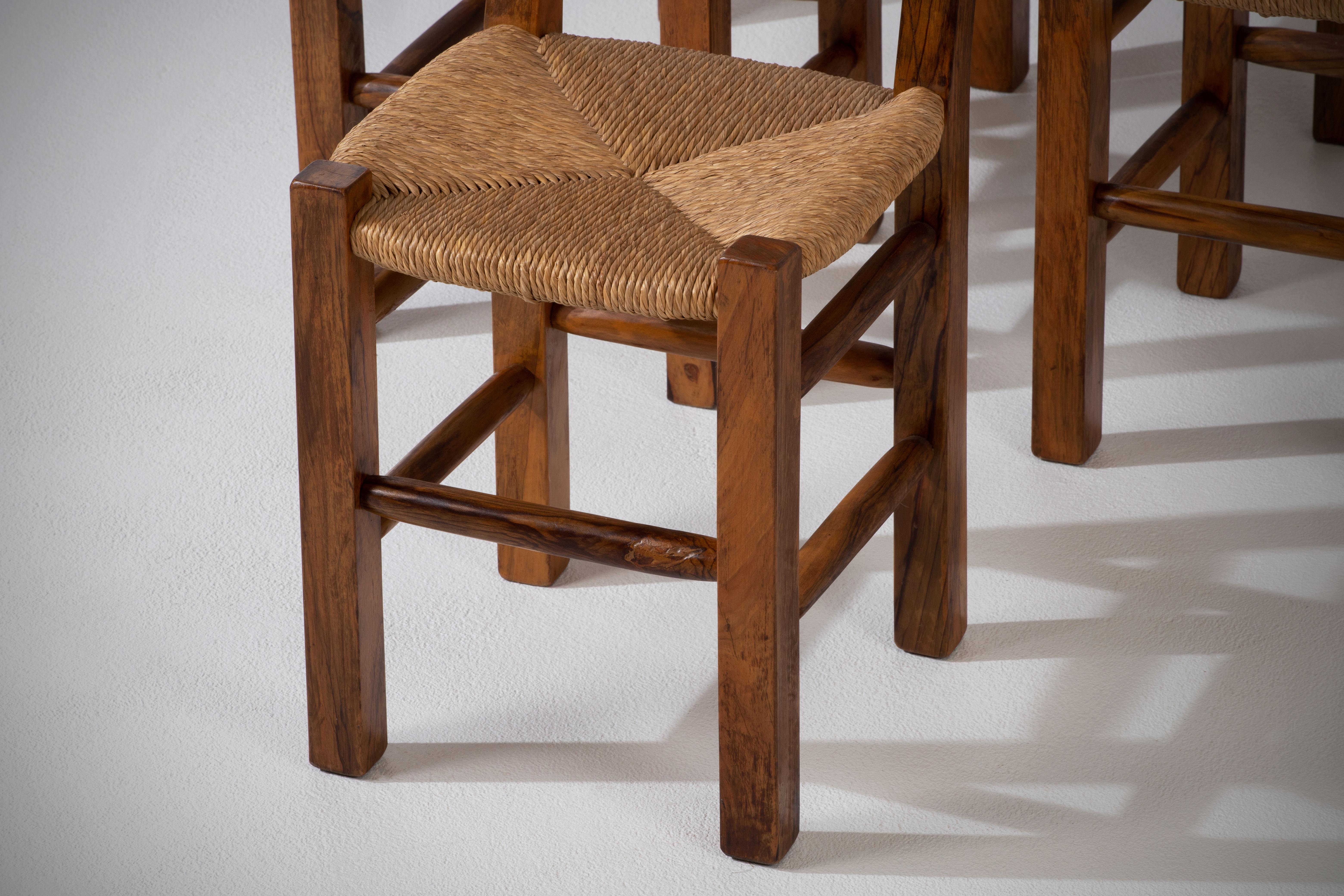 Set of Six Olivetree and Rush Chairs, 1960, France For Sale 13