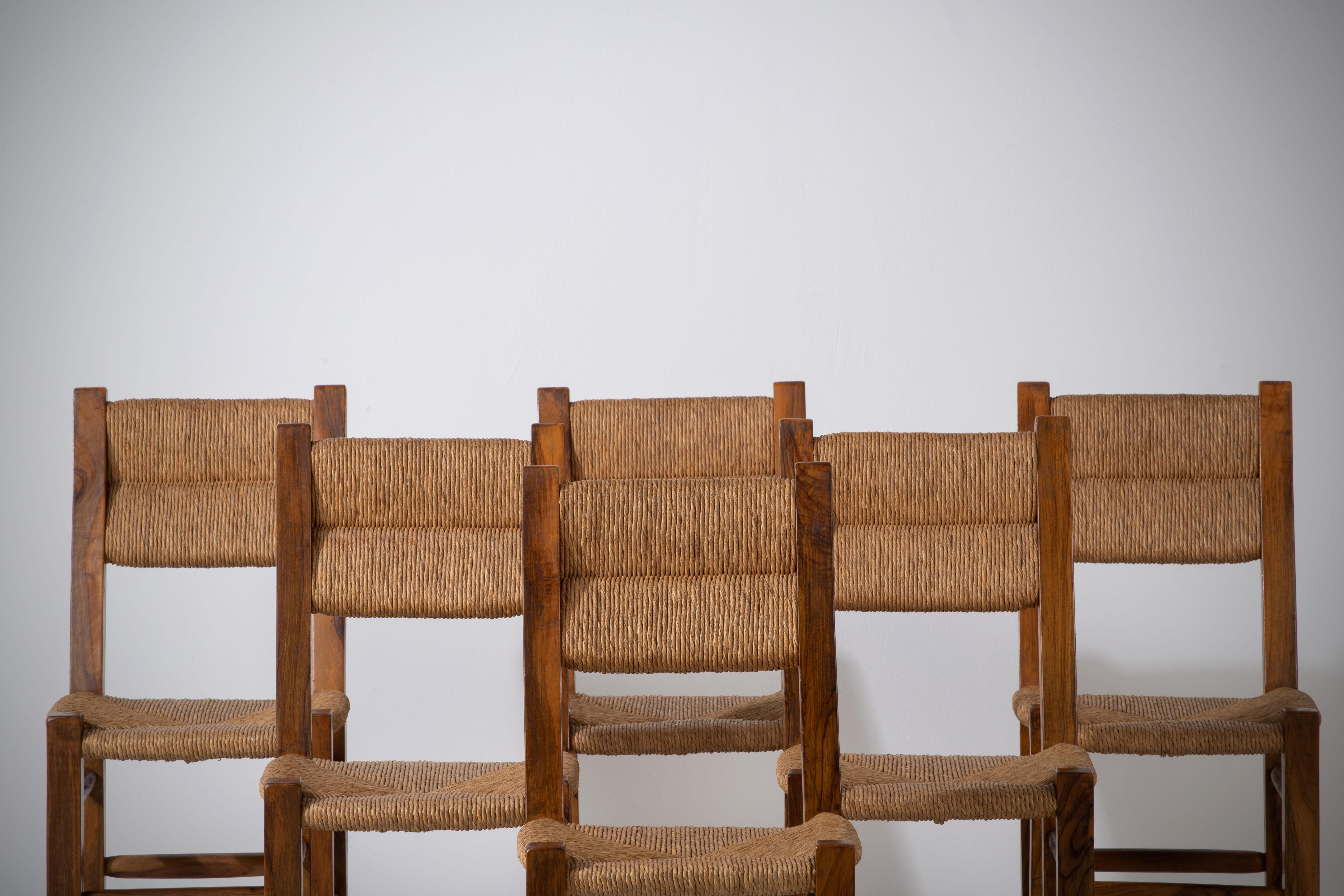 Set of Six Olivetree and Rush Chairs, 1960, France For Sale 14