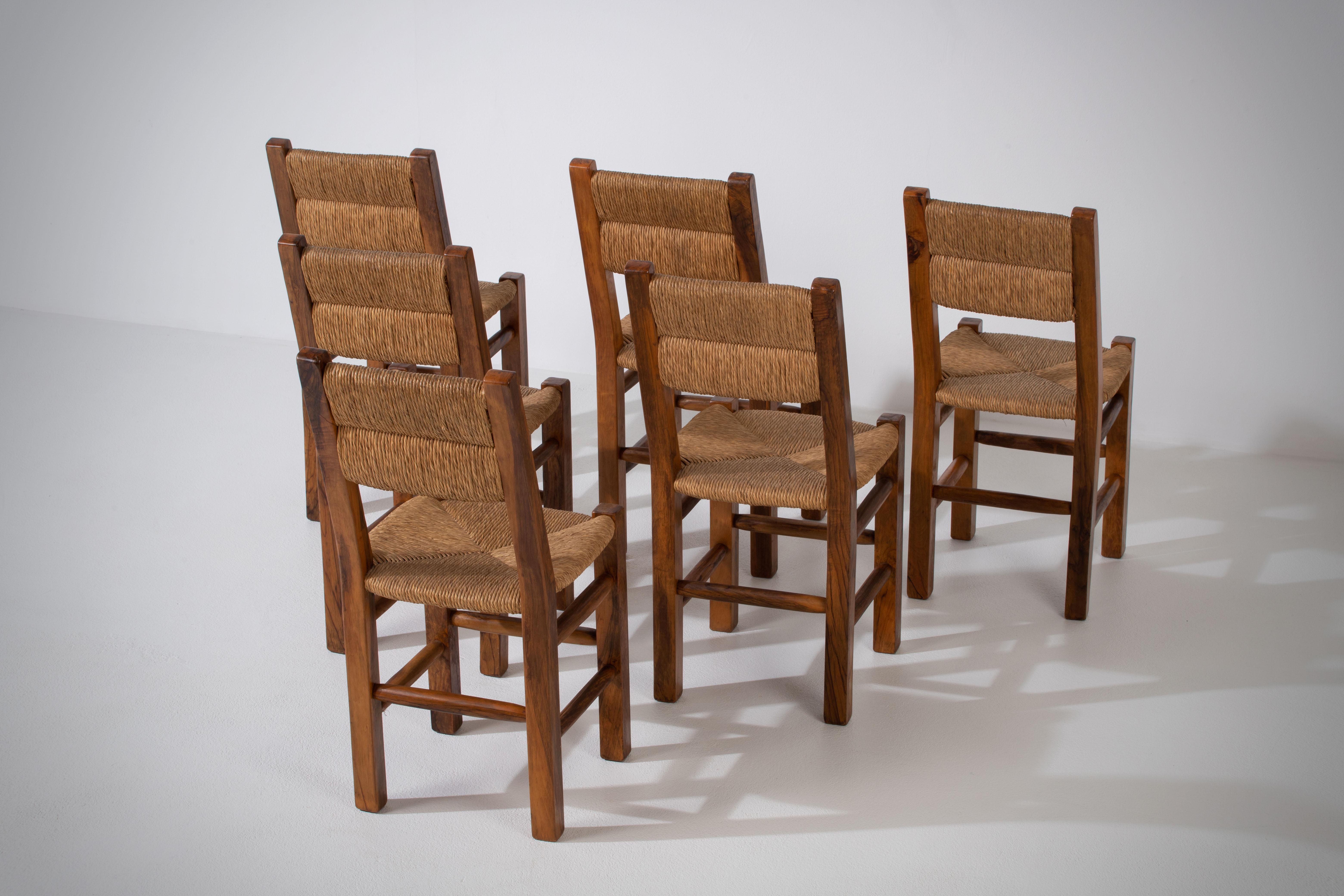 French Provincial Set of Six Olivetree and Rush Chairs, 1960, France For Sale