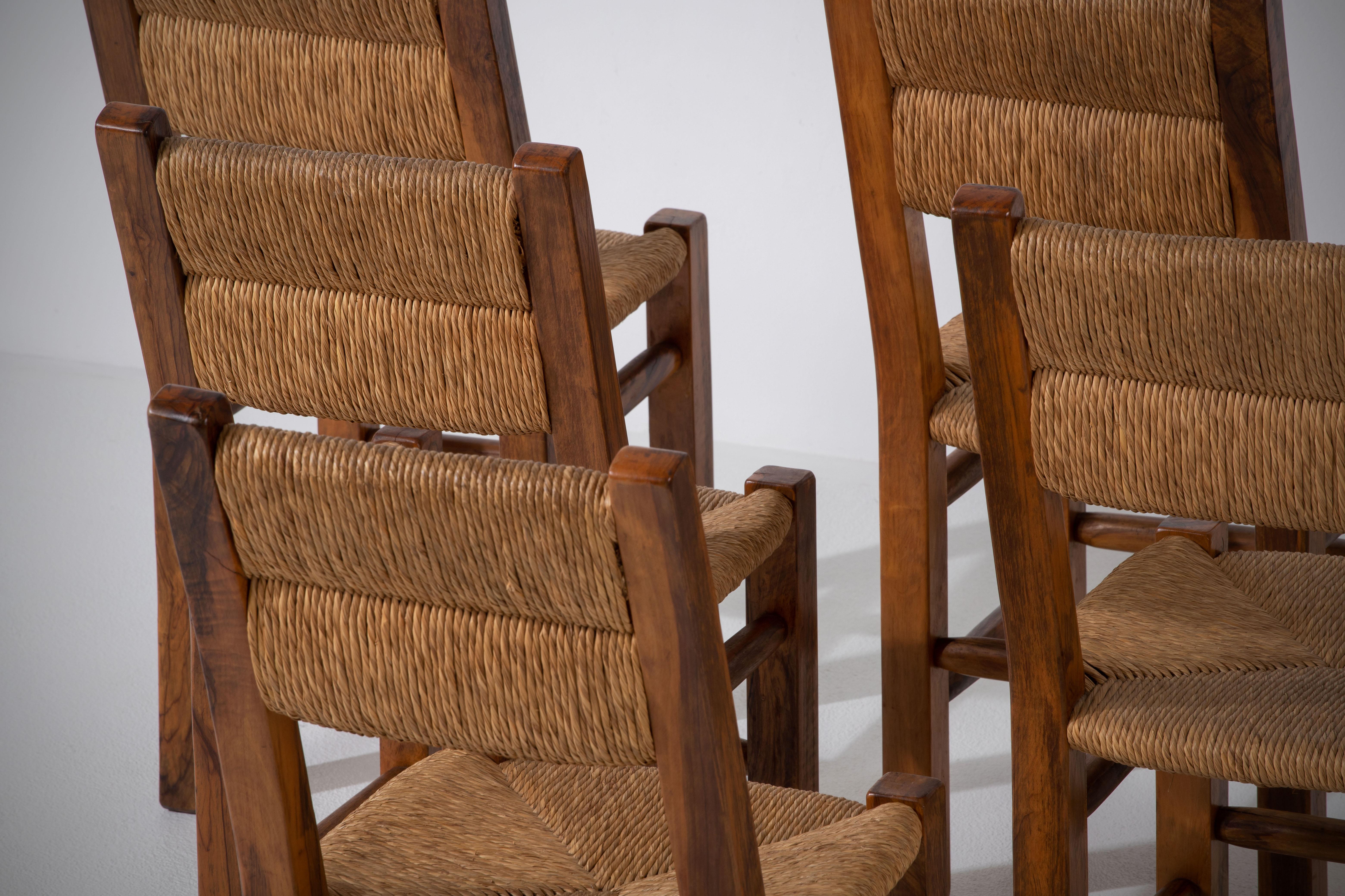 French Set of Six Olivetree and Rush Chairs, 1960, France For Sale