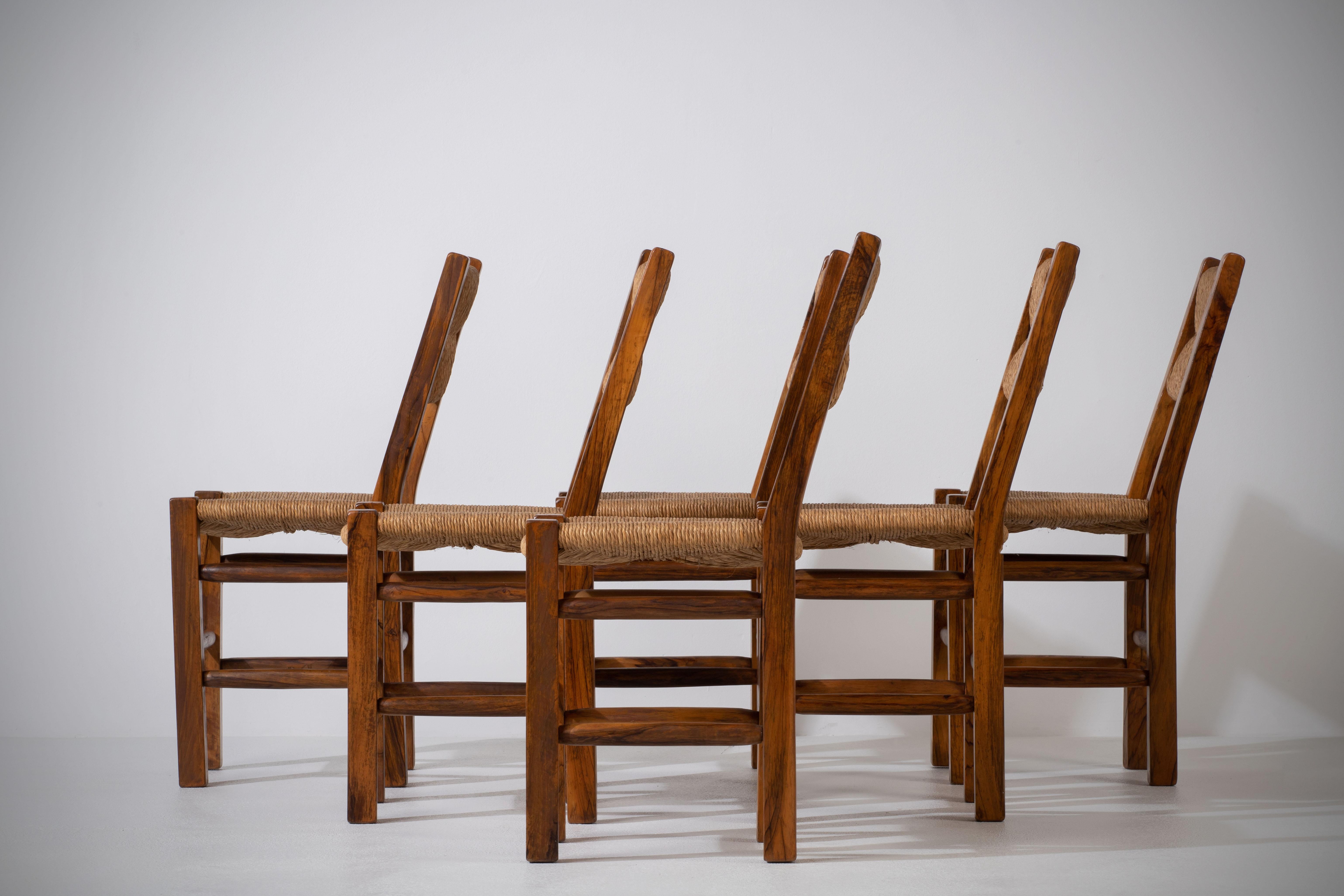 Set of Six Olivetree and Rush Chairs, 1960, France In Good Condition For Sale In Wiesbaden, DE