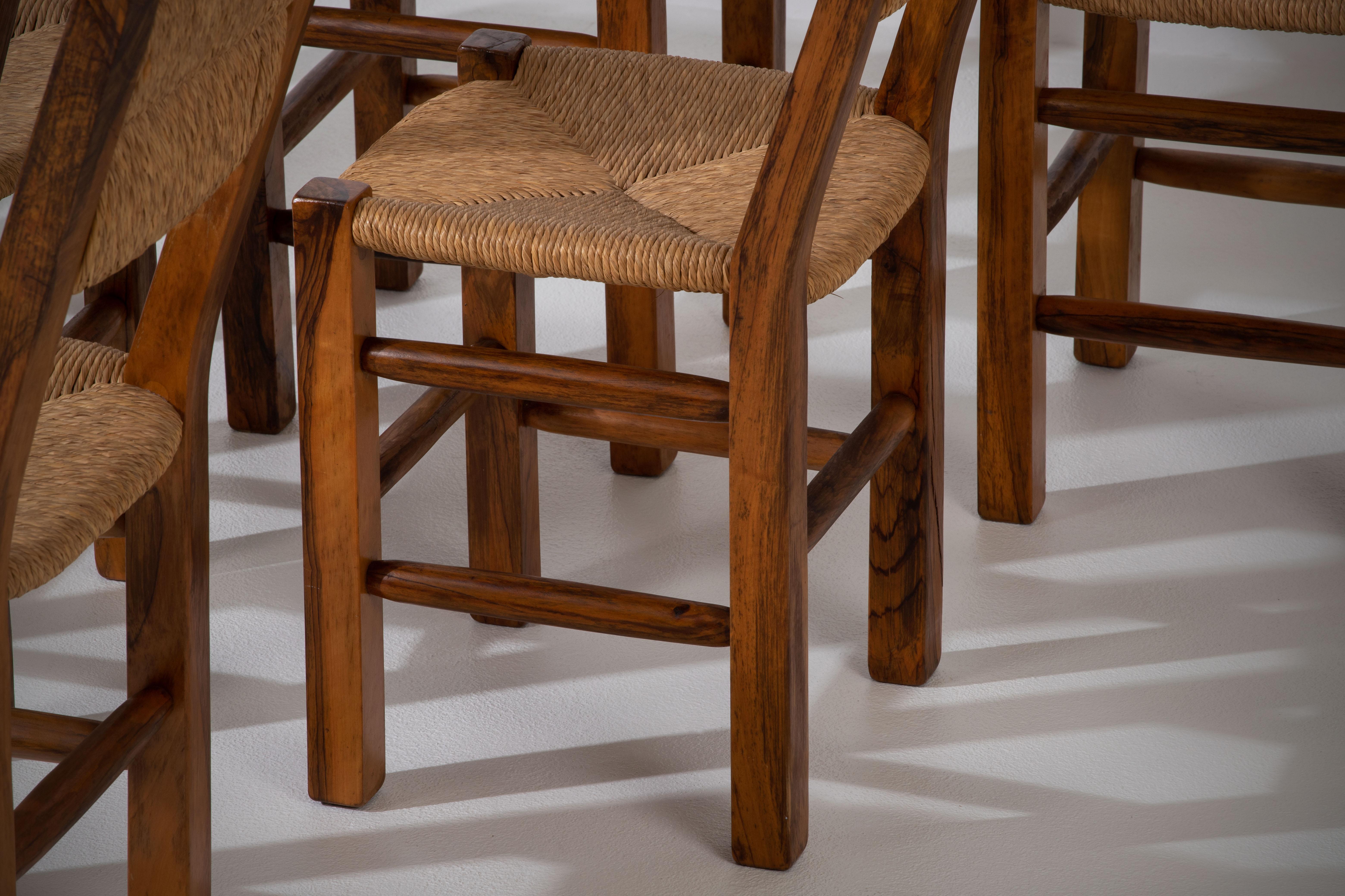Mid-20th Century Set of Six Olivetree and Rush Chairs, 1960, France For Sale