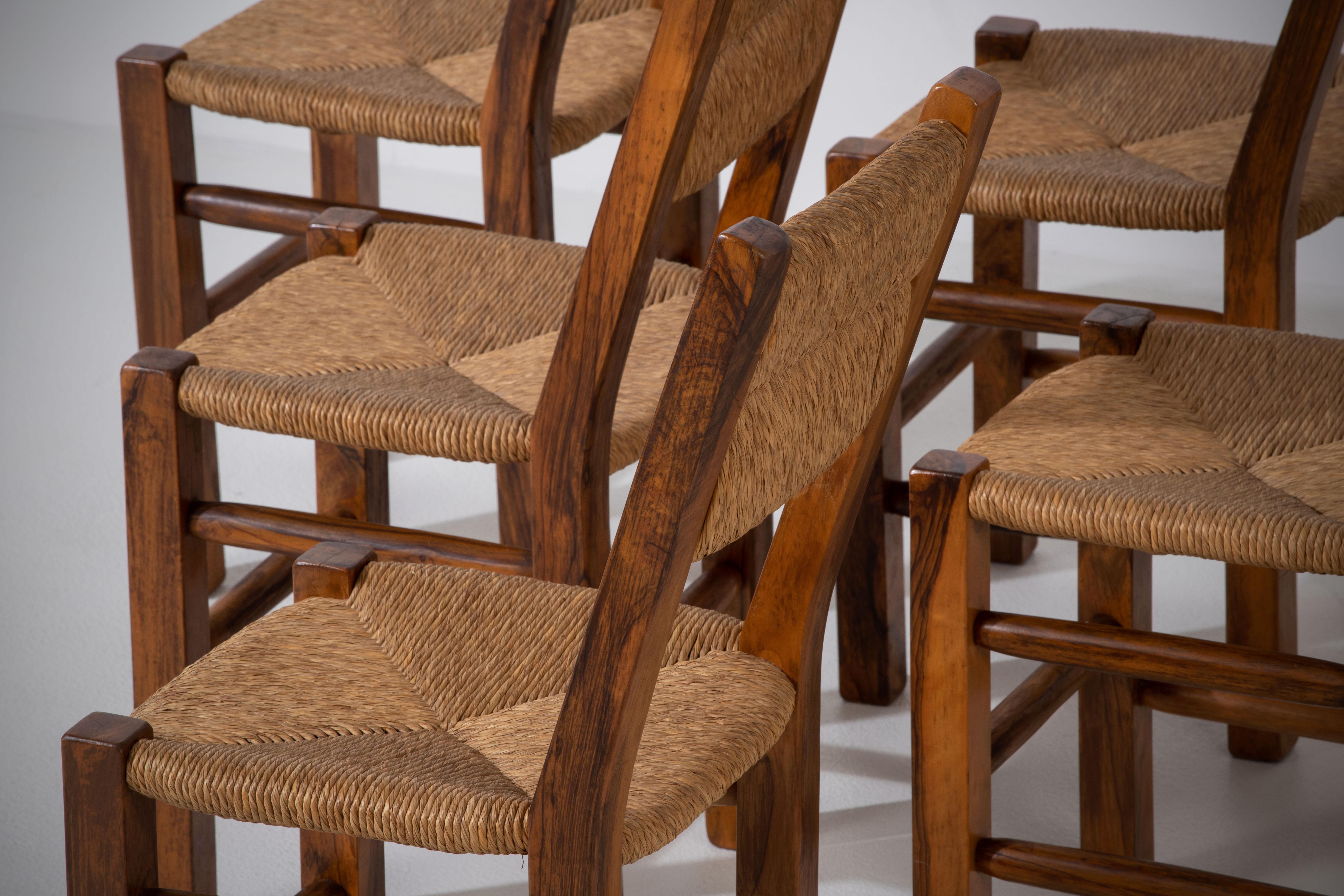 Set of Six Olivetree and Rush Chairs, 1960, France For Sale 1
