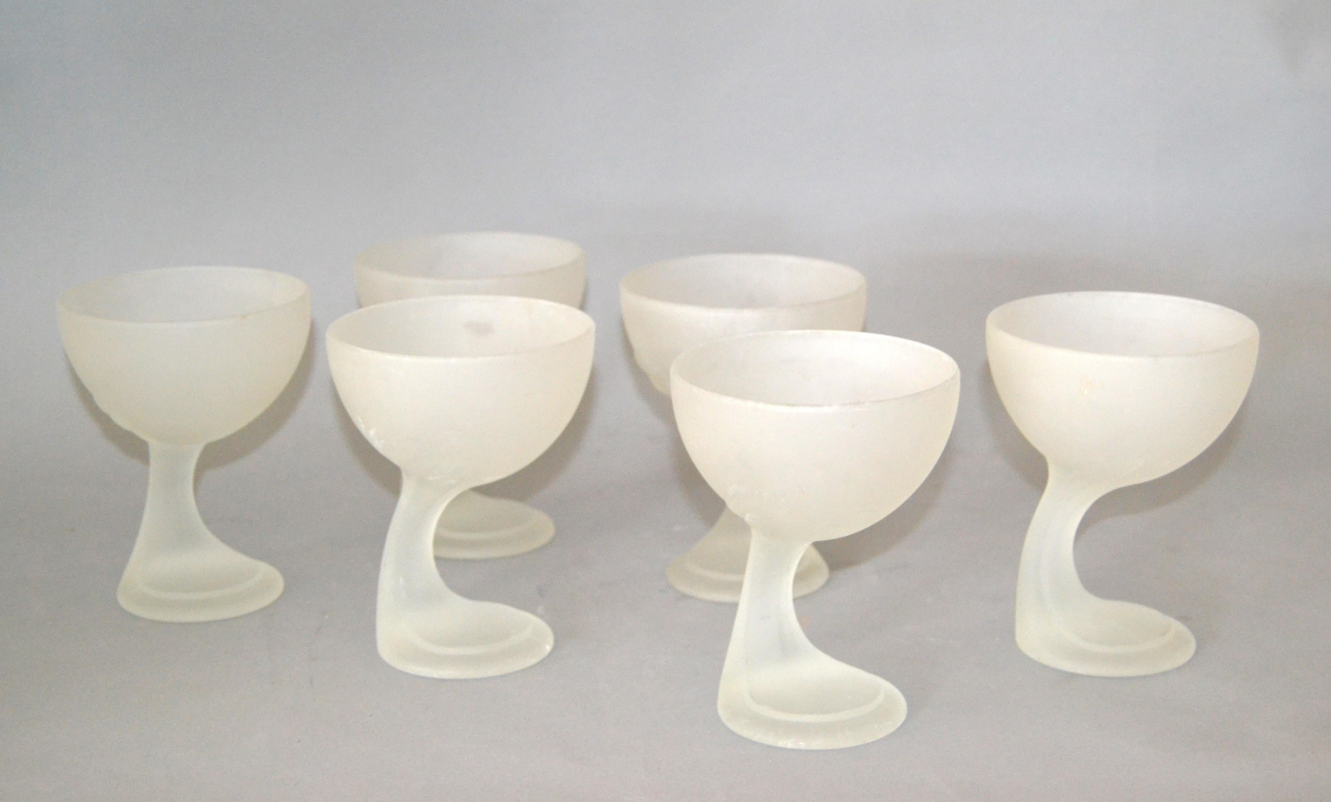 Set of six 'One of a Kind' Italian vintage frosted champagne coupe glasses.
A handcrafted unique champagne glass which is gracefully shaped.
 